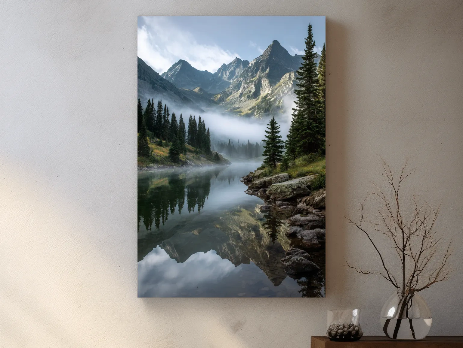 Misty Alpine Lake Photography - Serene Mountain Forest Wall Art
