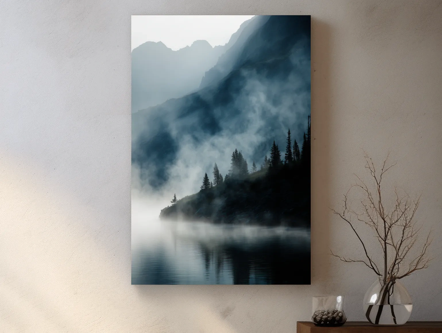 Misty Alpine Lake Landscape Photography - Foggy Pine Forest Nature Wall Art