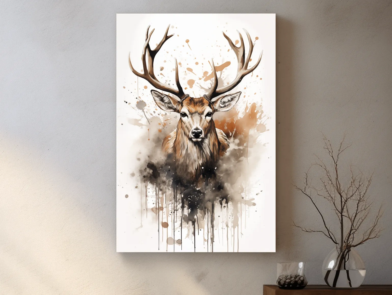 Majestic Stag Watercolor Splash Painting - Rustic Wildlife Wall Art