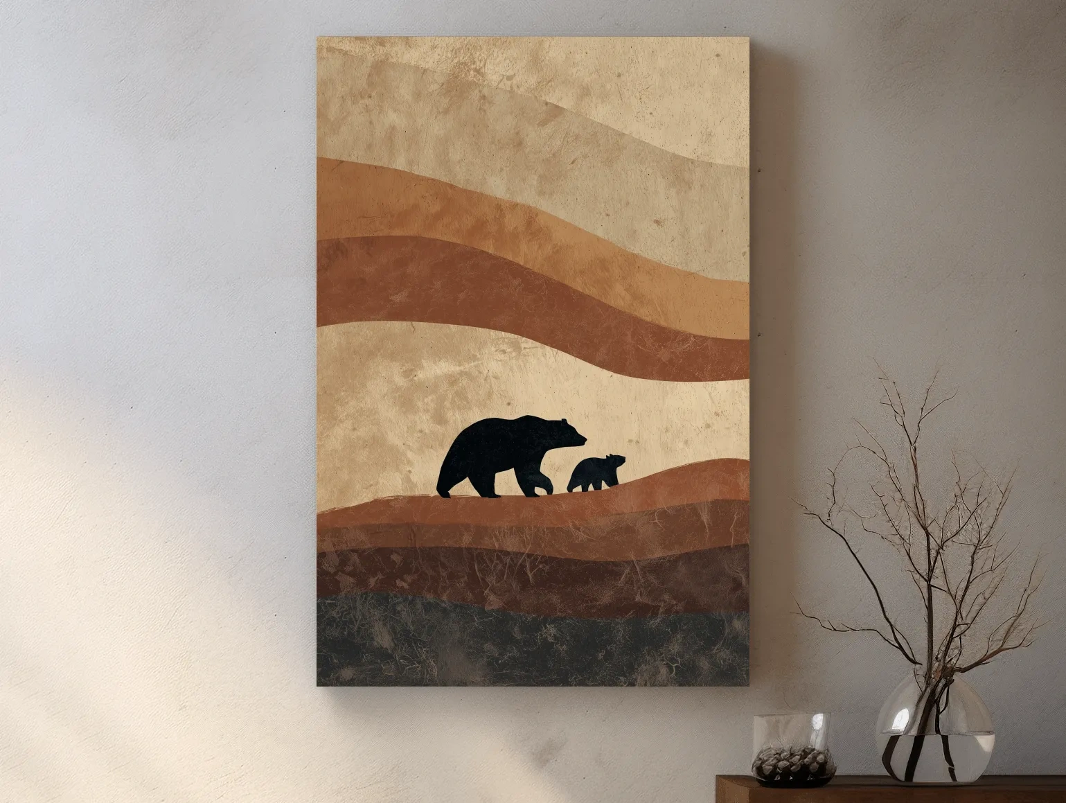 Scandi Bear Family Silhouette Artwork - Earthy Abstract Wildlife Wall Art
