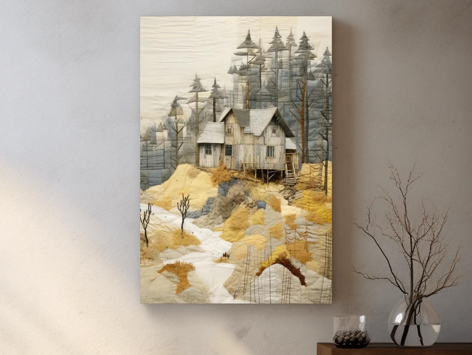 Rustic Woodland Cabin Landscape Quilt Art - Patchwork Style Mixed Media Wall Art