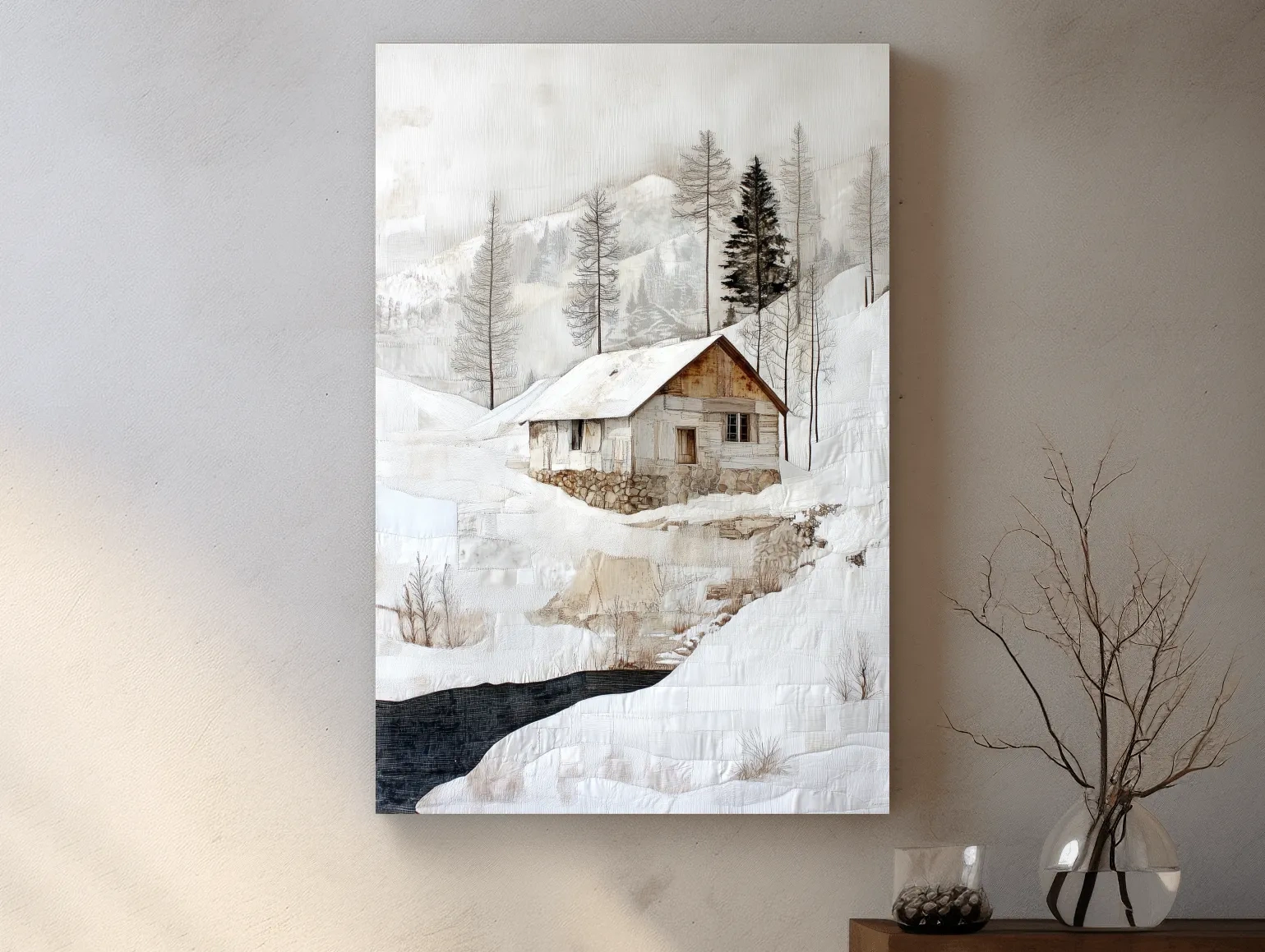 Snowy Mountain Cabin Painting - Winter Landscape Wall Art