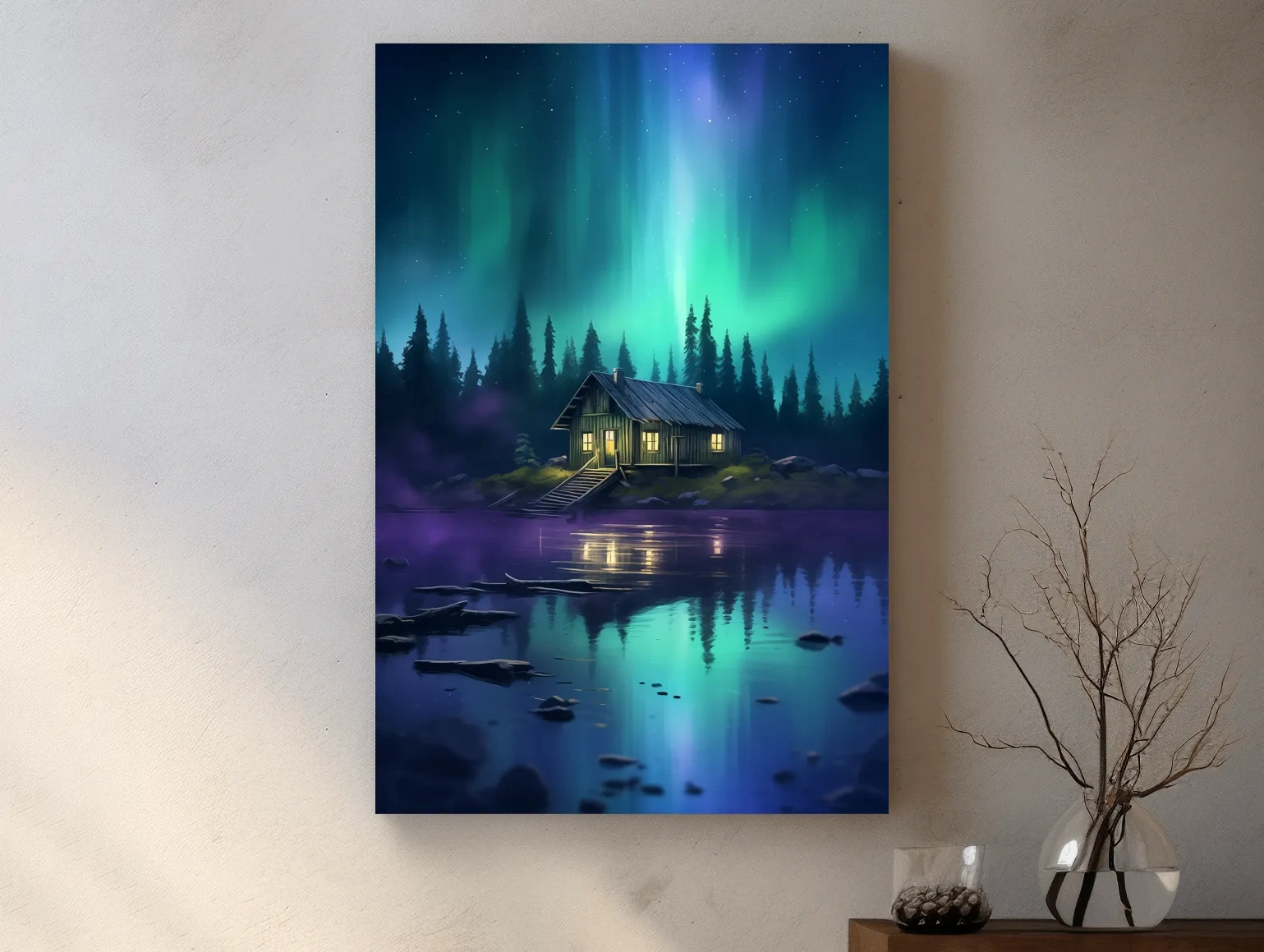 Vibrant Northern Lights Cabin Lake Painting - Aurora Borealis Night Wall Art