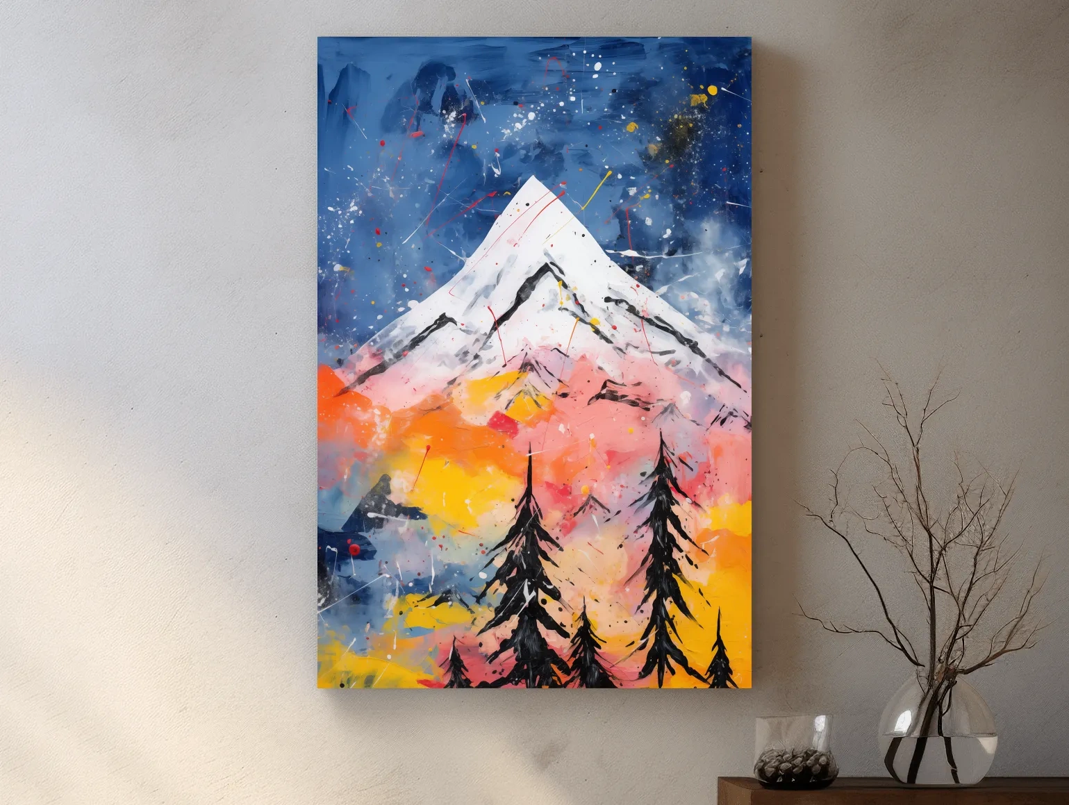 Vibrant Abstract Mountain Peak Sunset Painting - Colorful Acrylic Splash Forest Wall Art