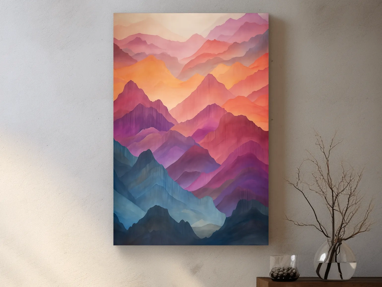 Vibrant Watercolor Layered Mountains - Abstract Sunset Landscape Wall Art