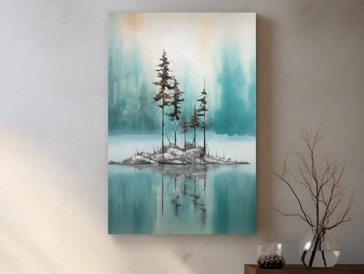 Misty Pine Trees Reflection - Watercolor Turquoise Alpine Lake Wall Art