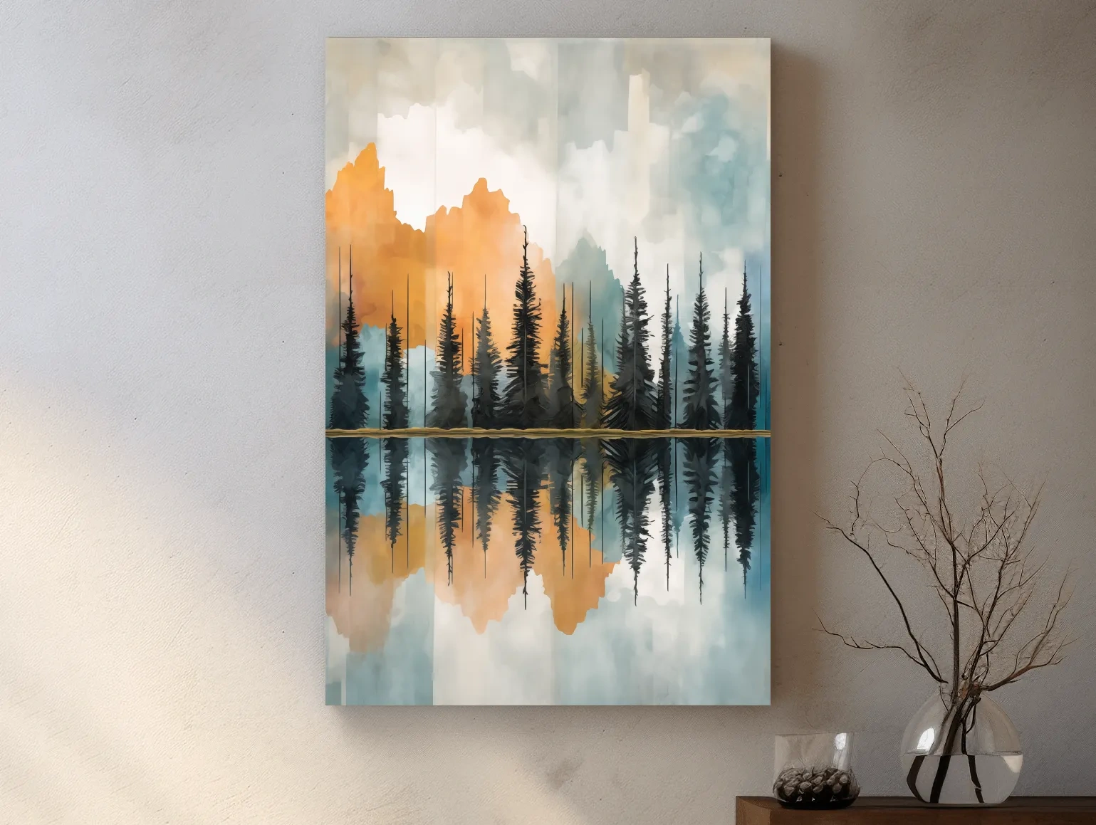 Abstract Watercolor Mountain Lake Reflection - Alpine Forest Landscape Artwork