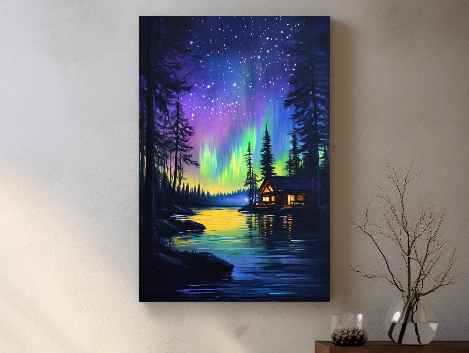 Vibrant Northern Lights Lakeside Cabin Painting - Aurora Borealis Night Landscape Wall Art