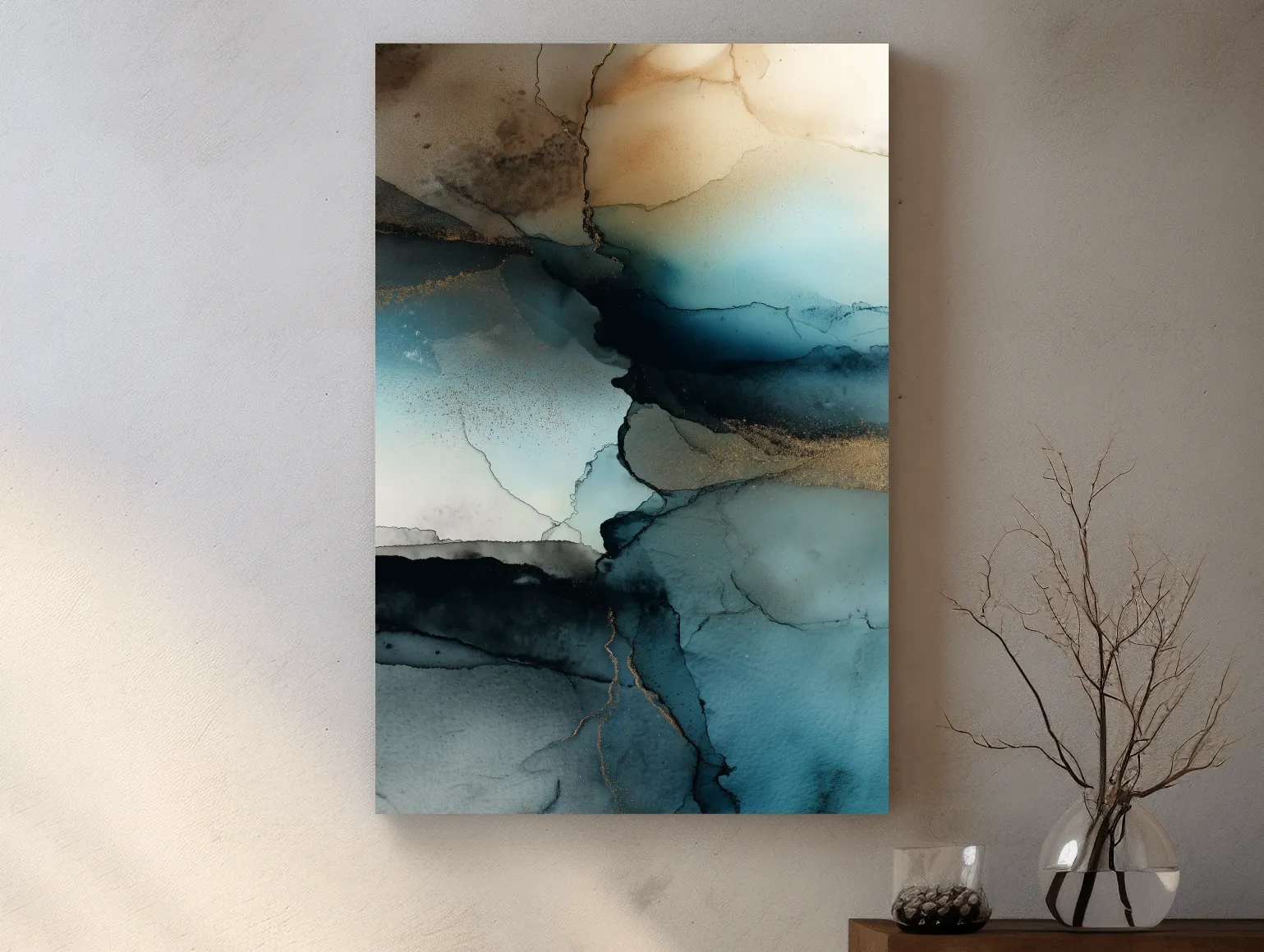 Moody Teal Ink Wash Abstract - Alcohol Ink Style Mountain Wall Art