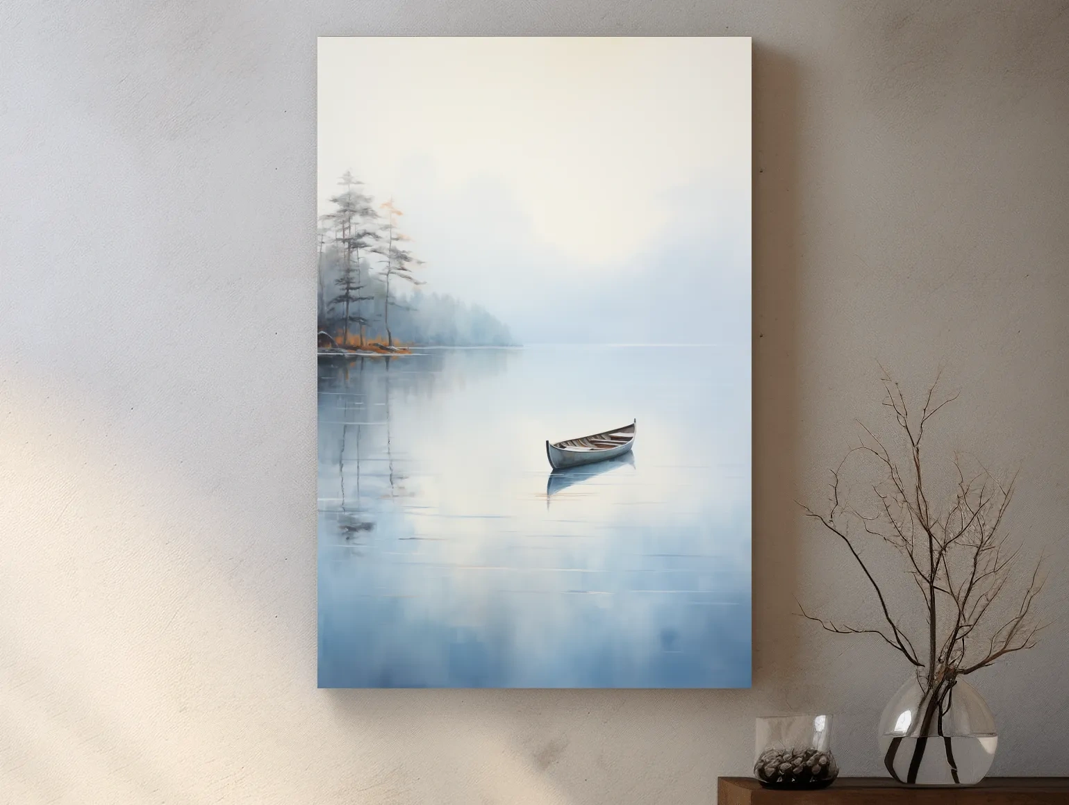 Misty Lake Canoe Reflection Painting - Serene Minimalist Waterscape Wall Art