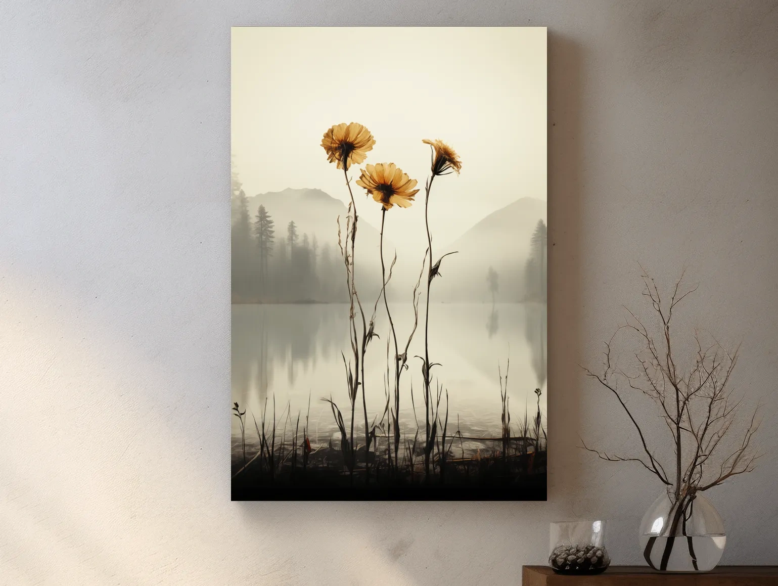 Wildflower Misty Lake Landscape - Minimalist Botanical Wall Art