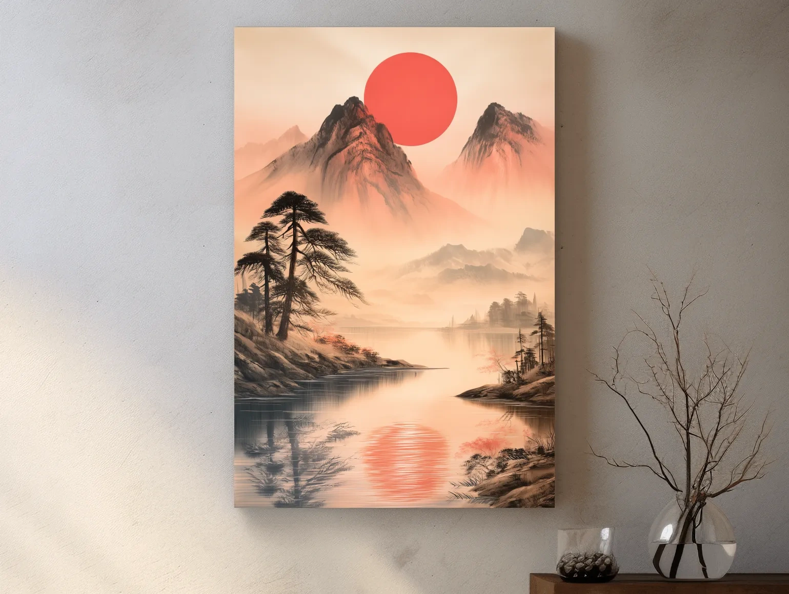 Zen Misty Mountain Lake Sunrise - Japanese Ink Wash Wall Art