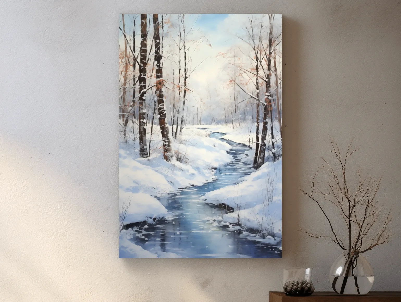 Serene Winter River Forest Painting - Snowy Woodland Wall Art