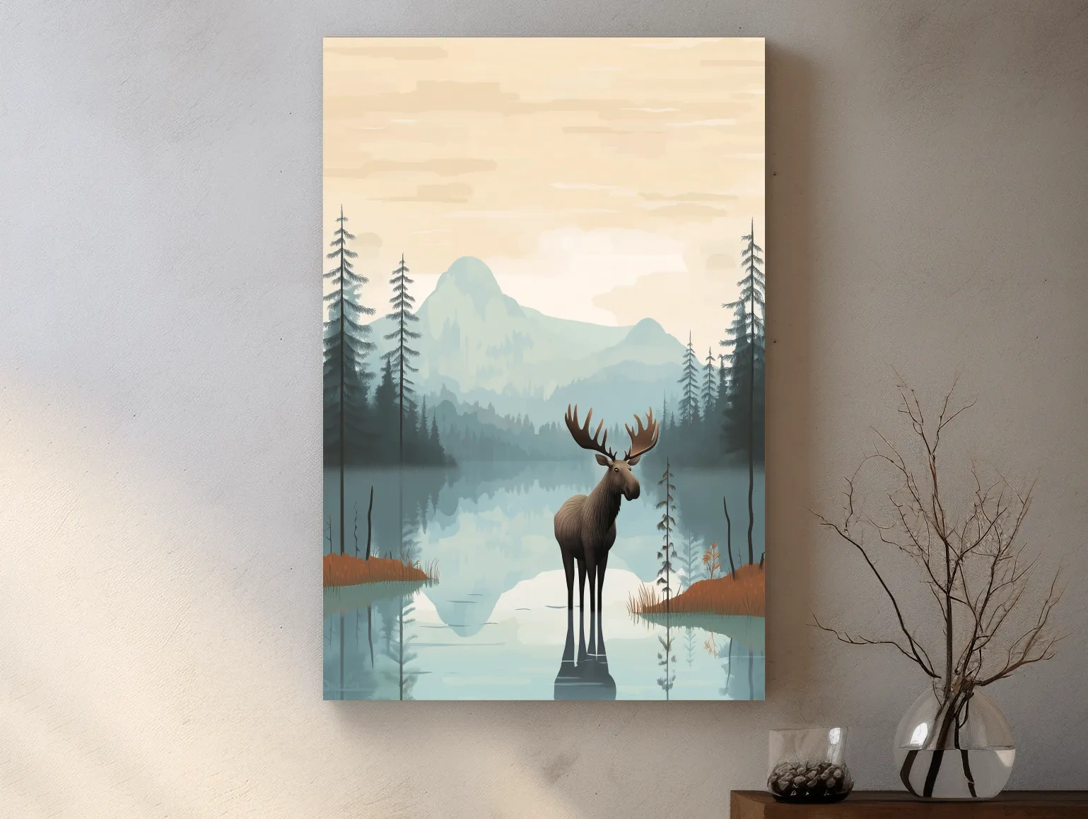 Moose Mountain Lake Illustration - Nursery Forest Mountain Wall Art