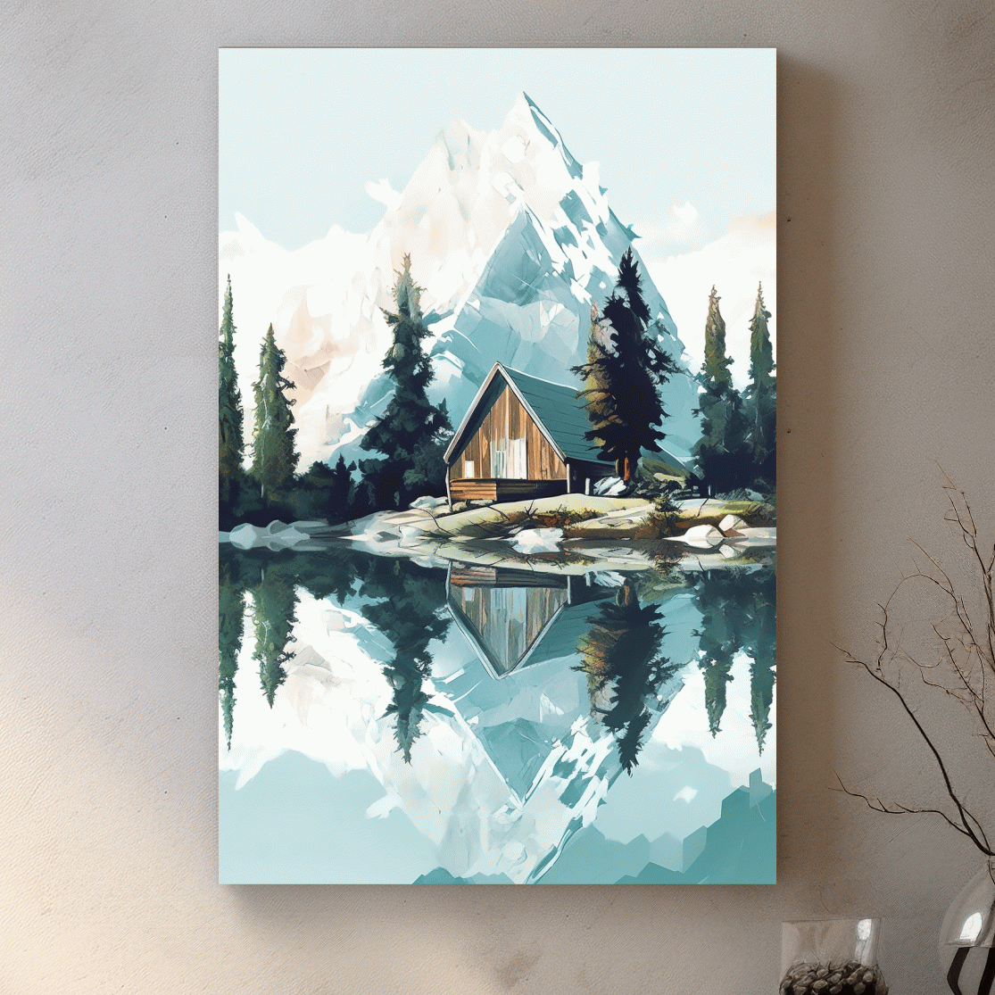 Serene Alpine Cabin Lake Painting - Mountain Landscape Wall Art