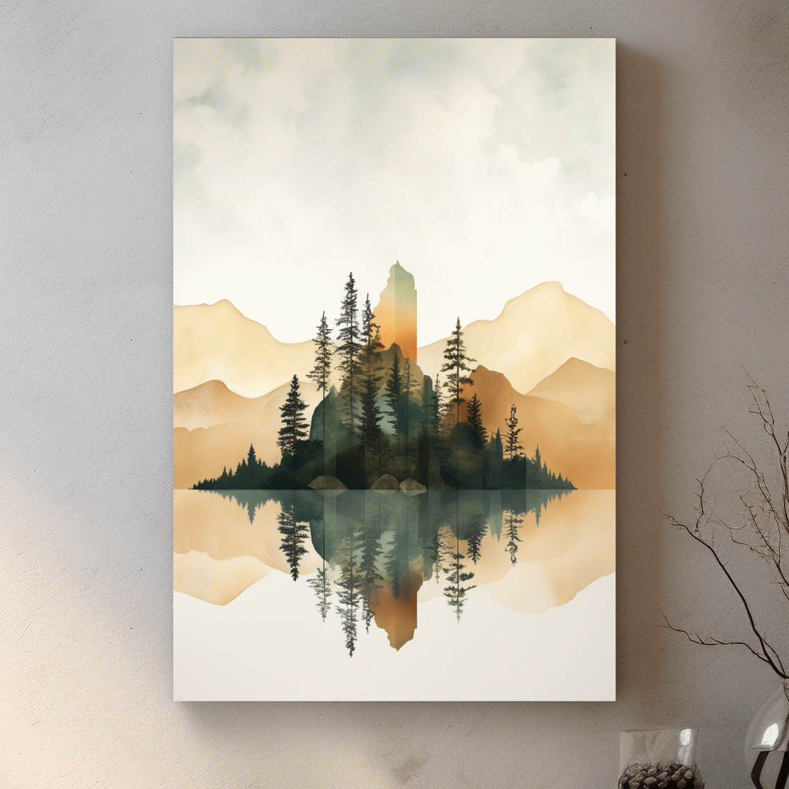 Minimal watercolour painting of alpine trees by a lake