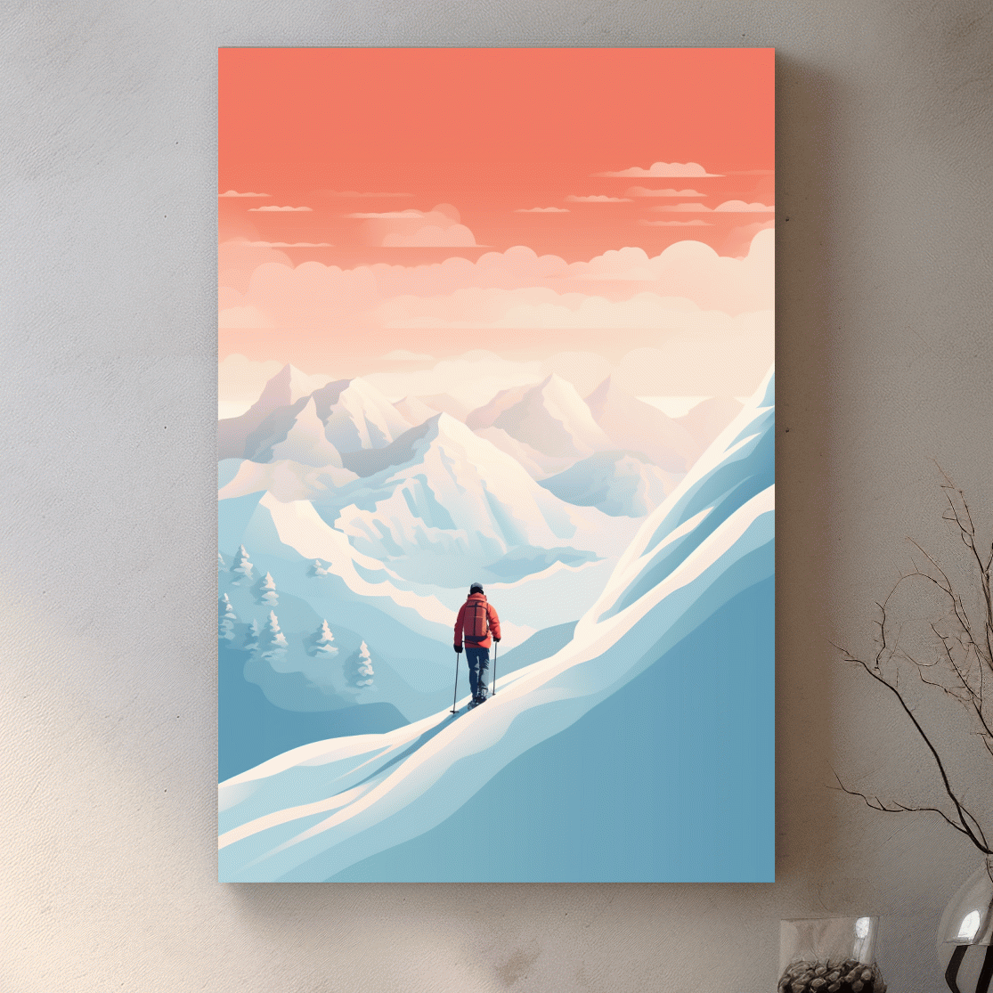 Backcountry skier in the mountains at sunset, minimal vector artwork