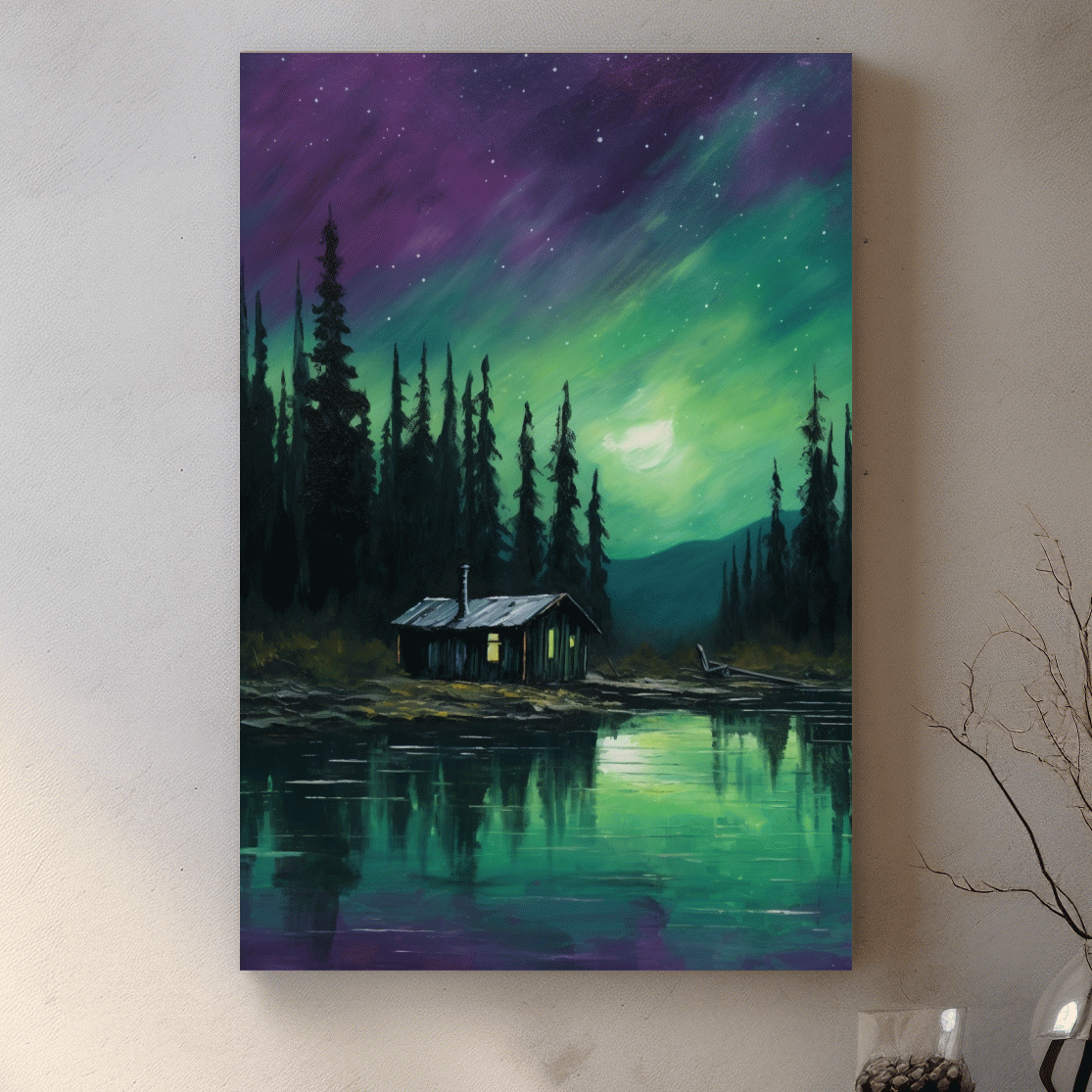 Painting of cabin by a lake under the northern lights night sky