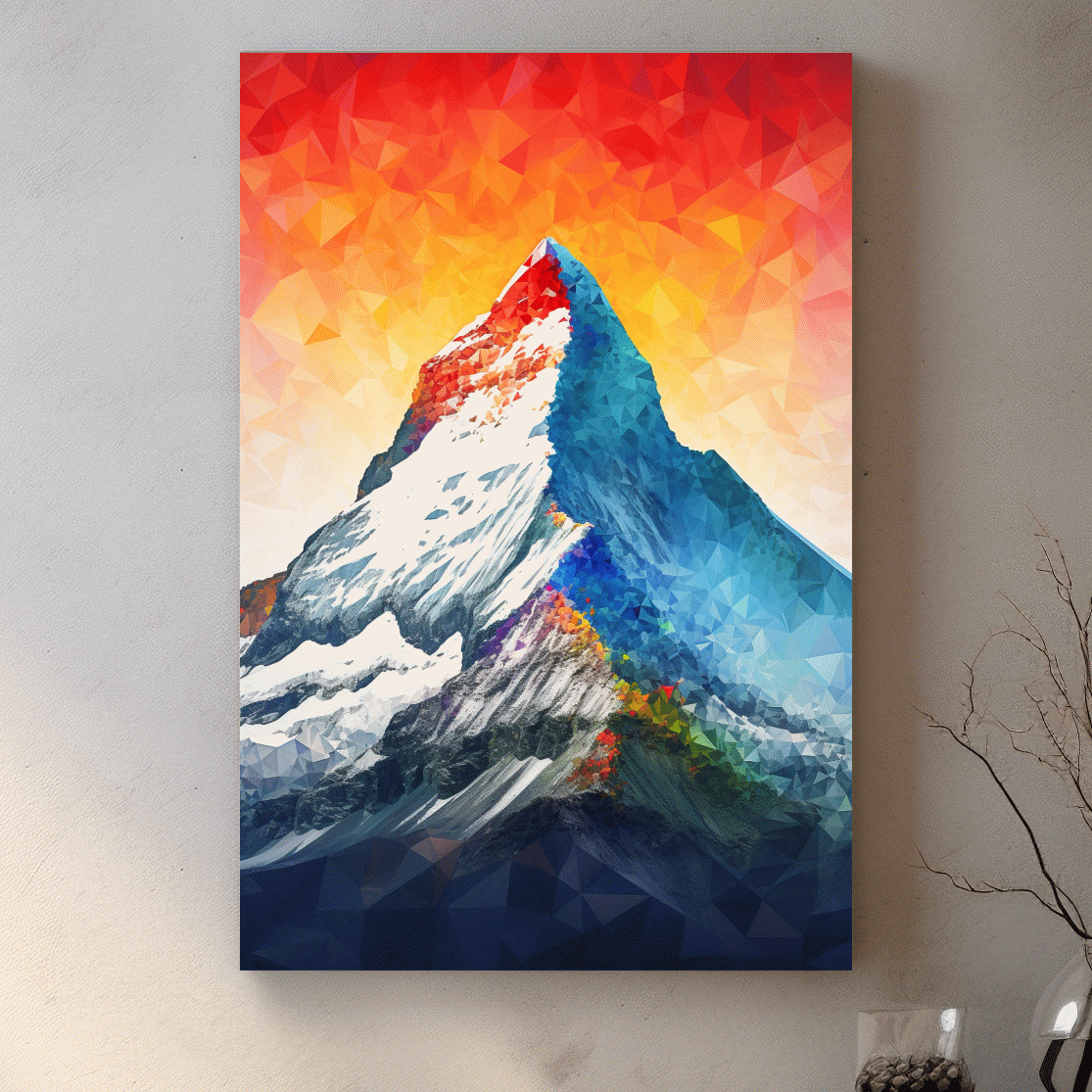Vibrant abstract mountain painting, sunset over a glacier