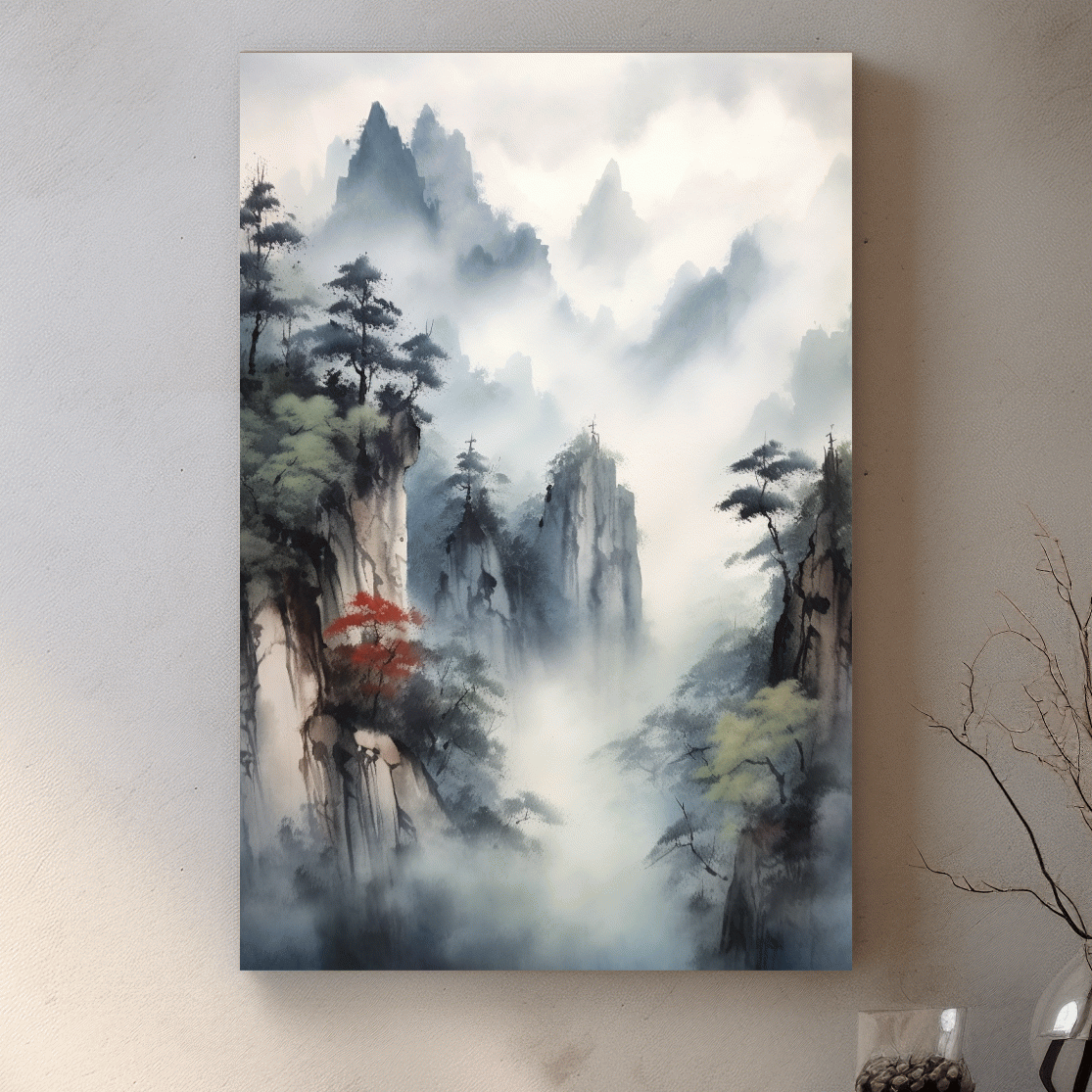 Chinese ink wash style watercolour painting of a misty mountain landscape