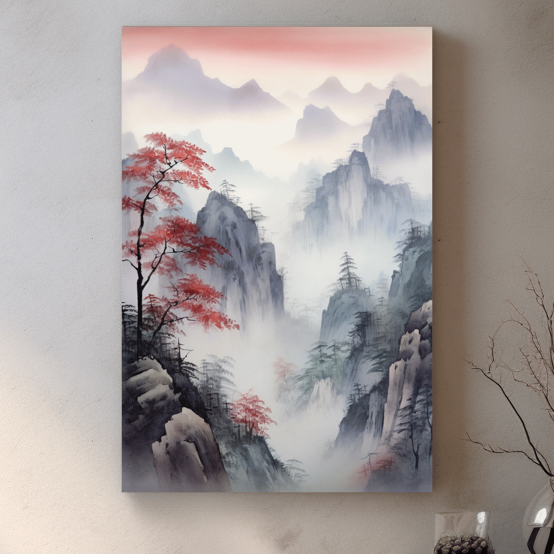 Chinese style ink wash watercolour painting of a foggy mountain scene