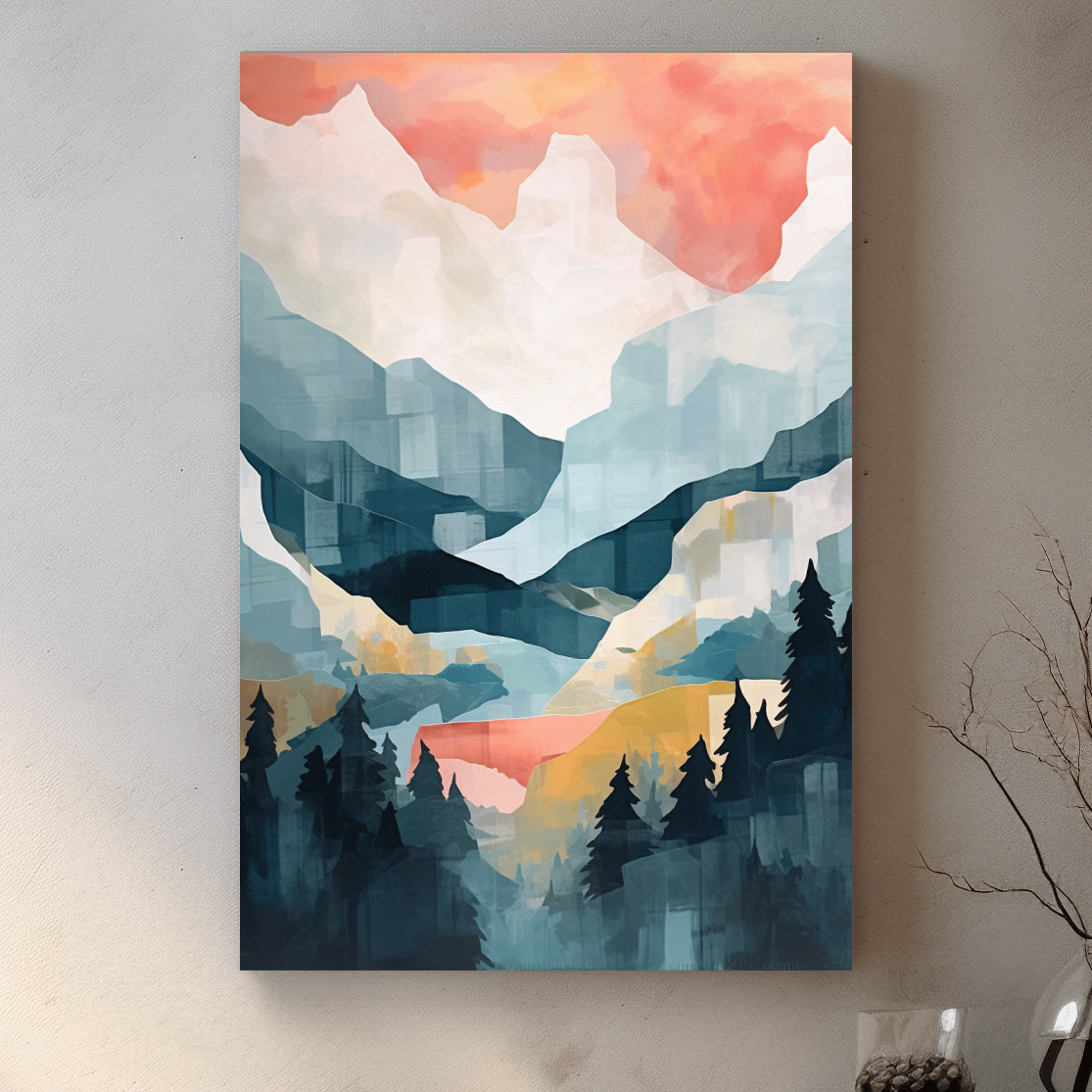 Abstract painting of alpine mountains and trees