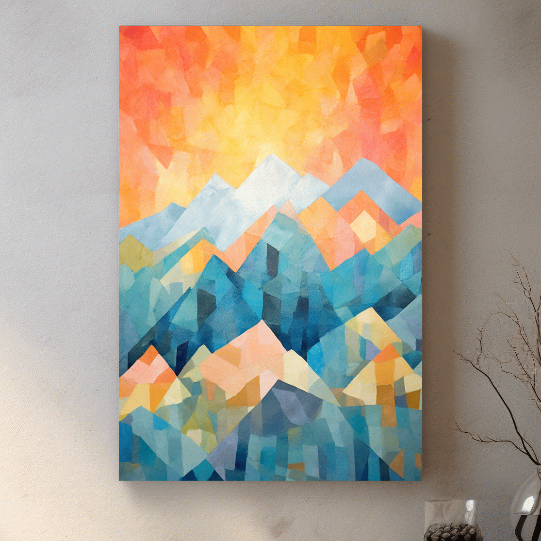 Abstract painting of a mountain scene at sunrise