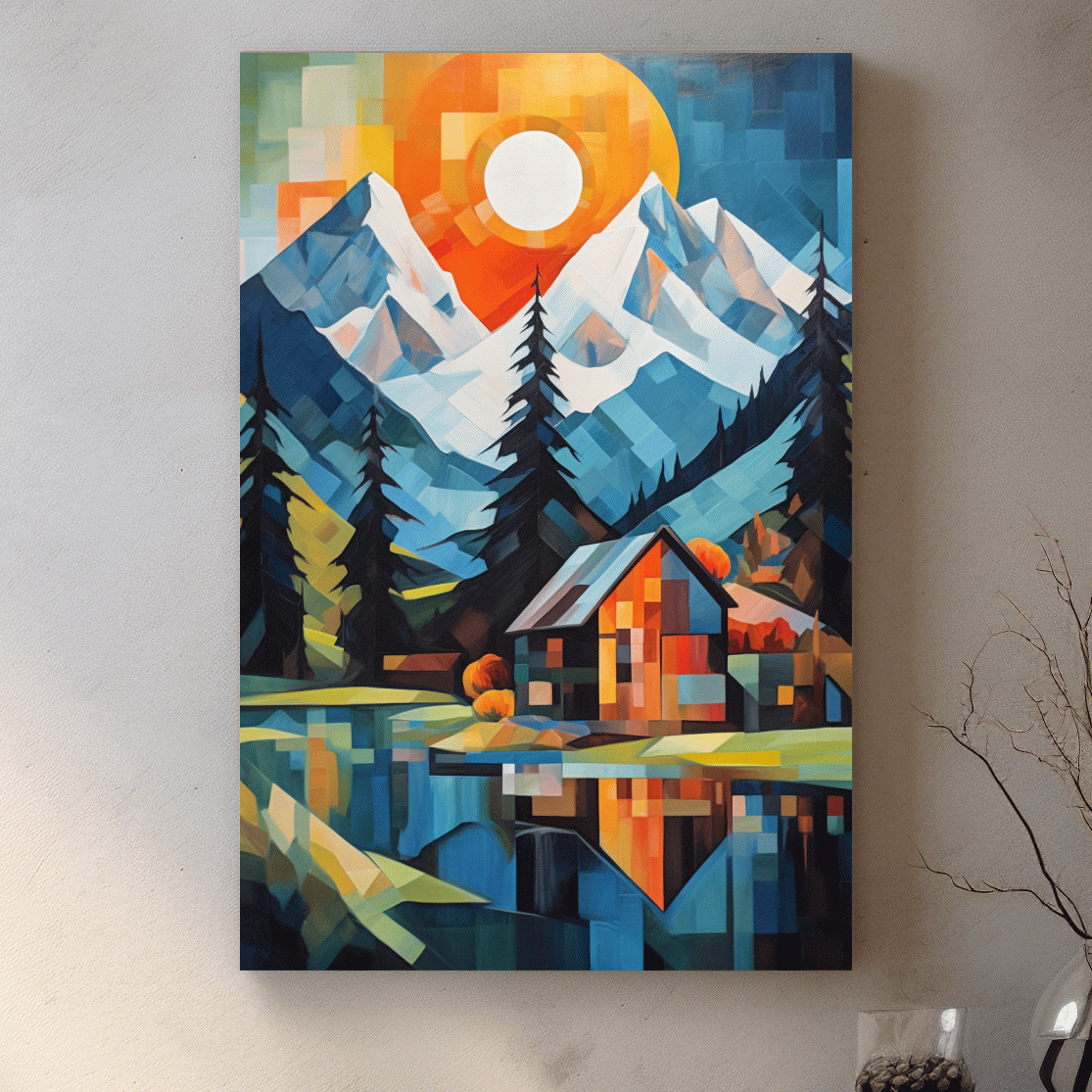 Geometric Alpine Cabin Lake Sunset - Vibrant Impressionist Mountain Wall Art