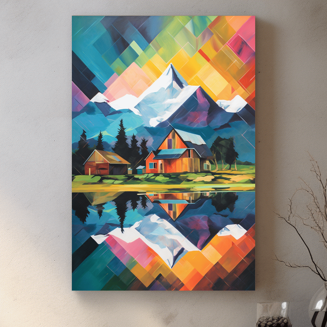 Vibrant abstract painting of a cabin by a glacier and lake
