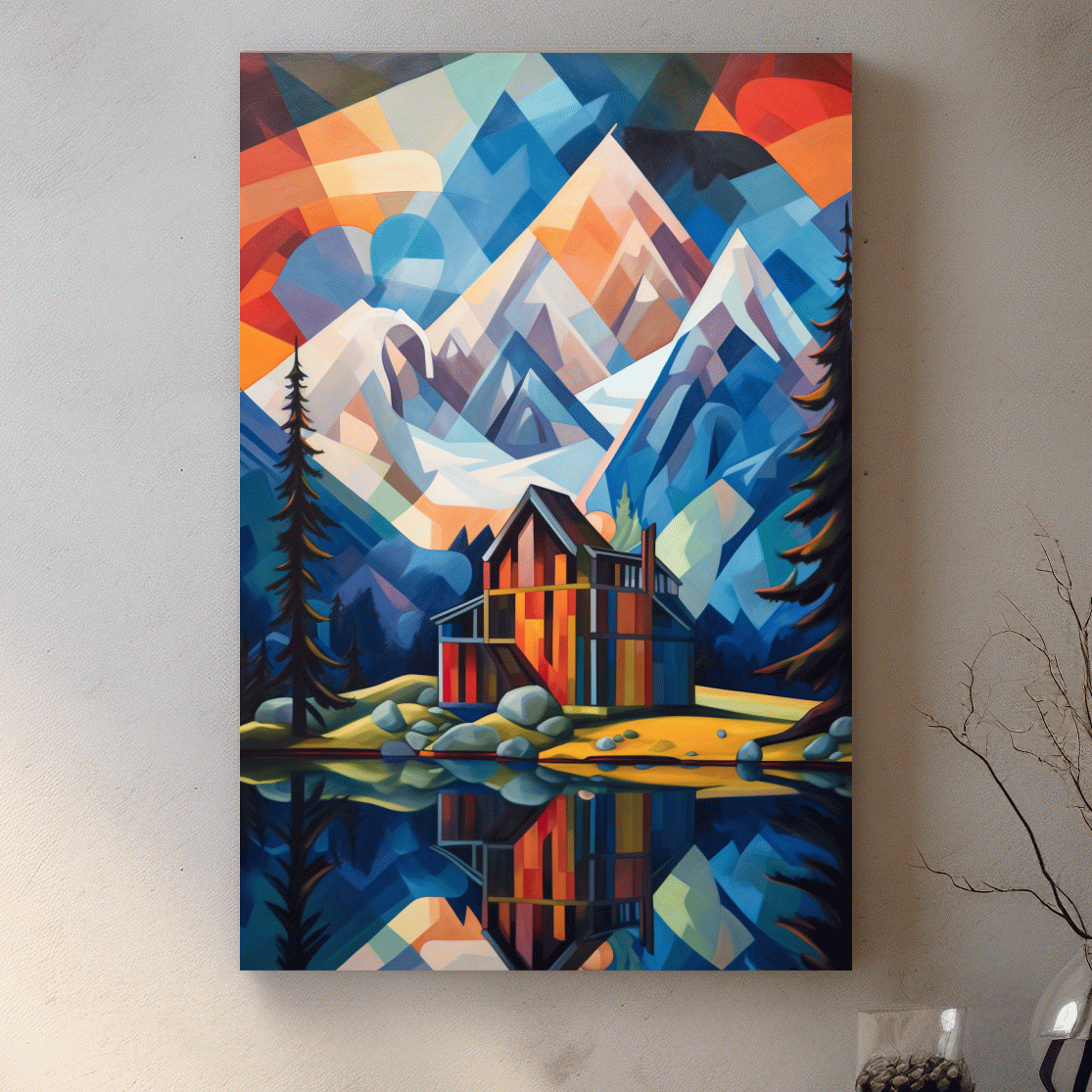 Abstract painting of a cabin by a lake