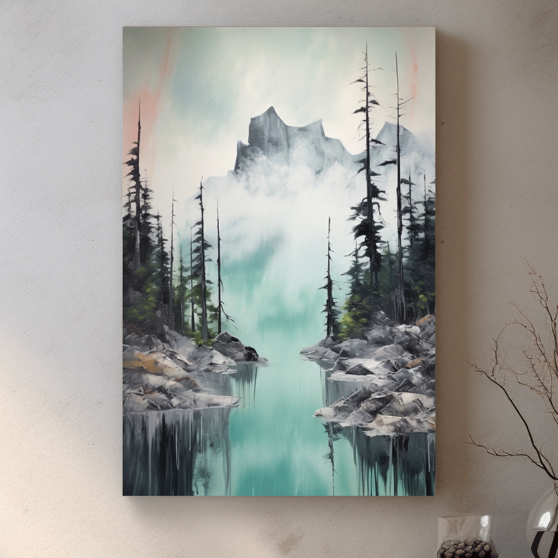 Painting of a turquoise alpine lake and mountain in the fog