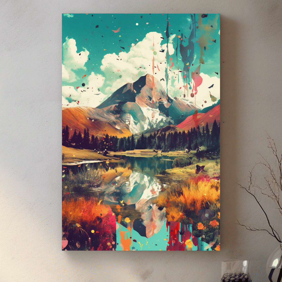 Colourful splattered abstract painting of a mountain and lake