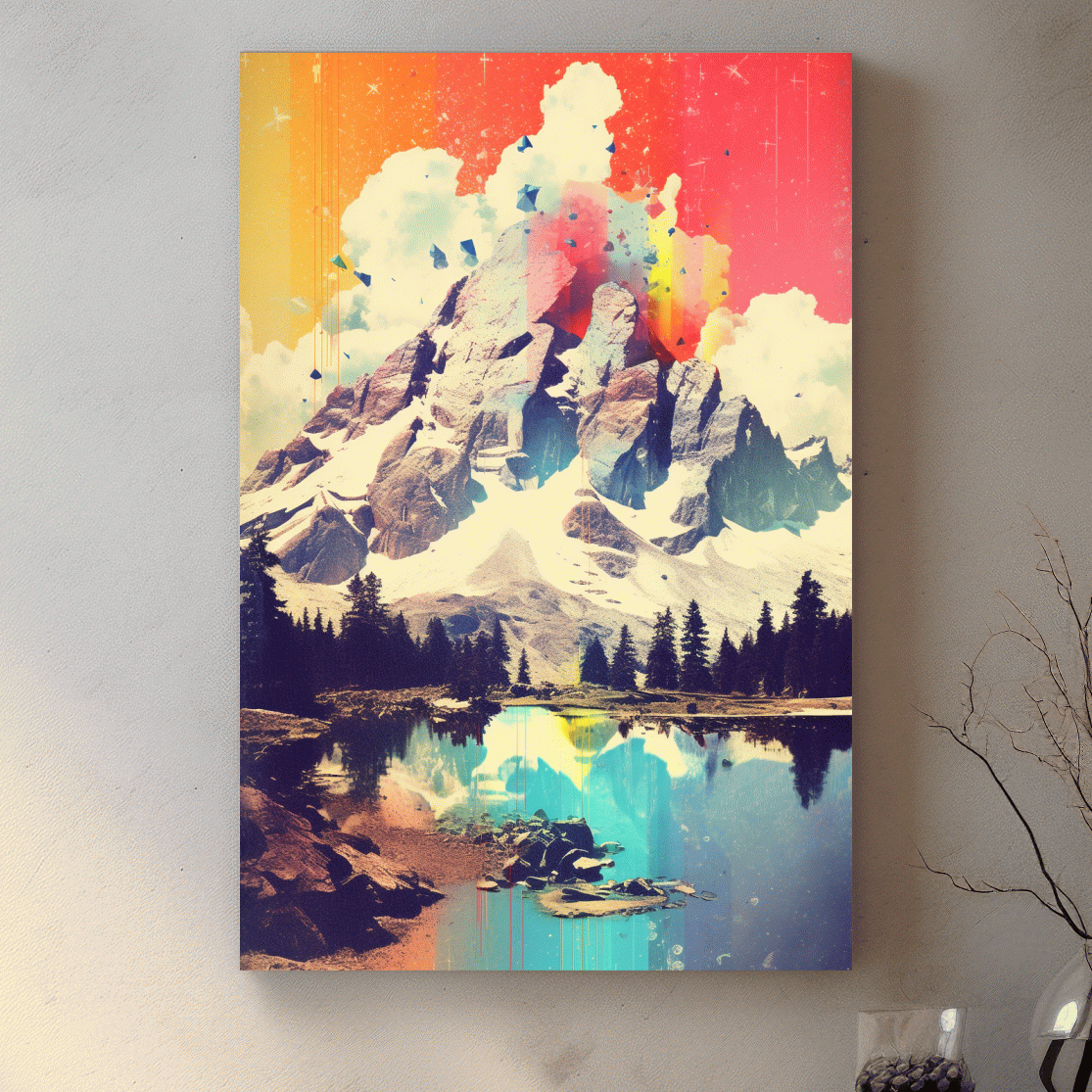 Vibrant Abstract Mountain Lake Painting - Colorful Alpine Landscape Wall Art