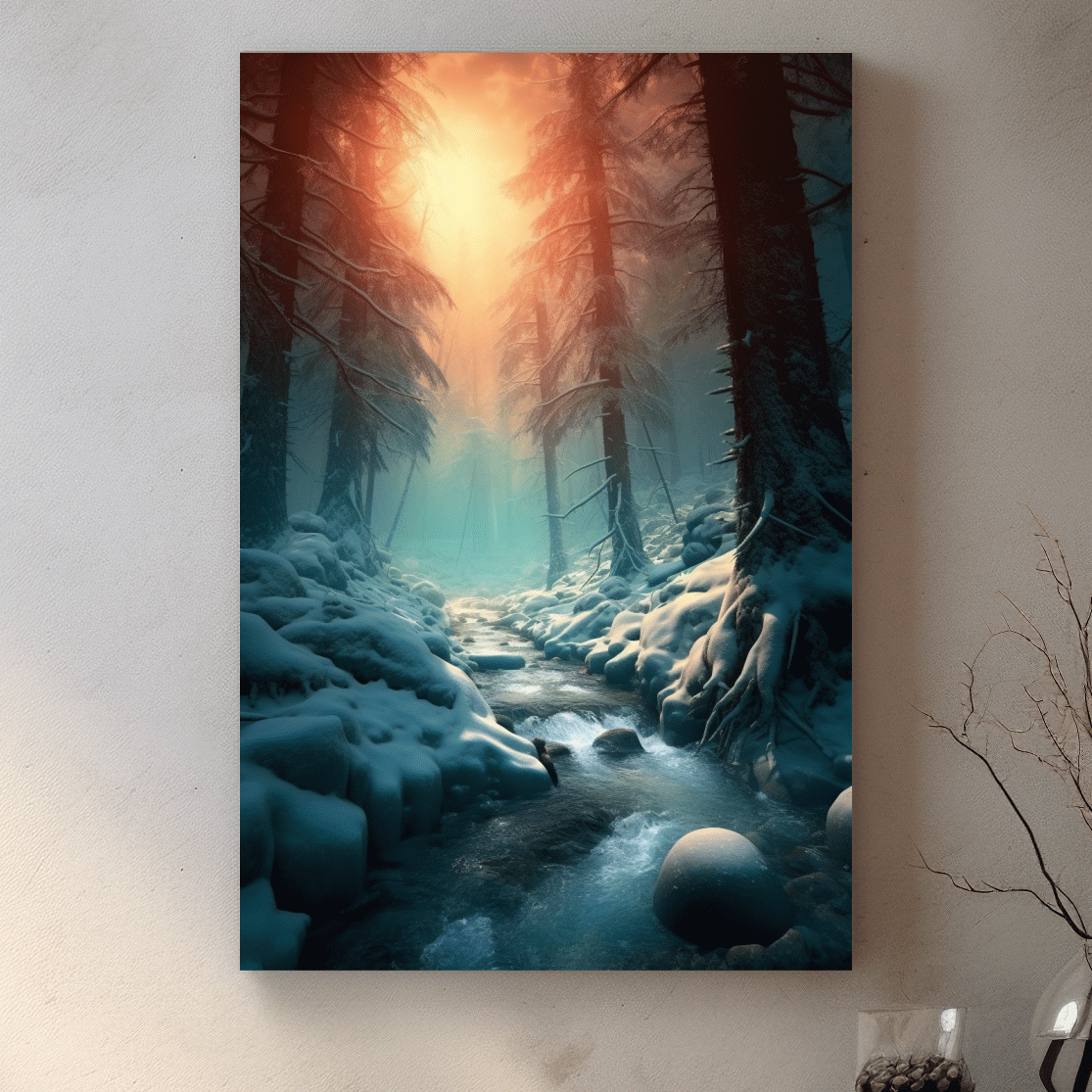 Misty Winter Forest Stream At Sunrise - Photographic Landscape Wall Art