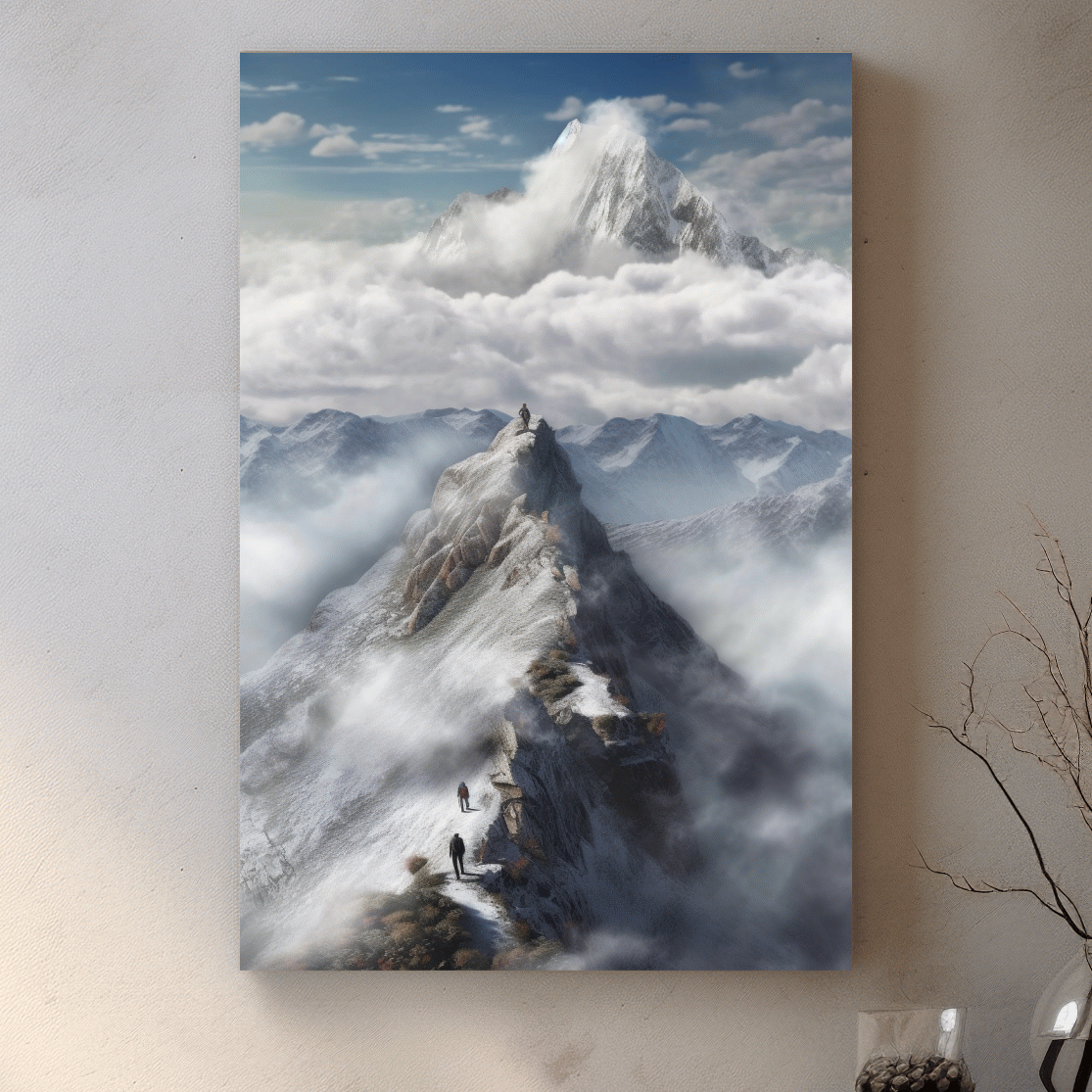 Painting of adventurers hiking up a ridge