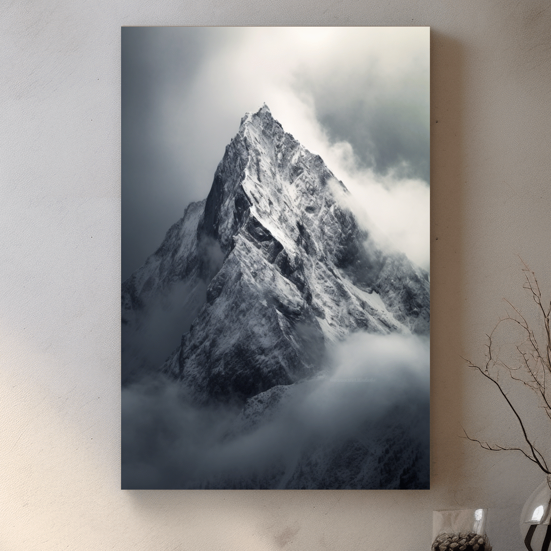 Photographic art, ominous snow capped mountain in the clouds