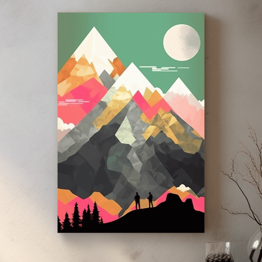 Simple flat colour 2d mountain art, colourful mountain ranges