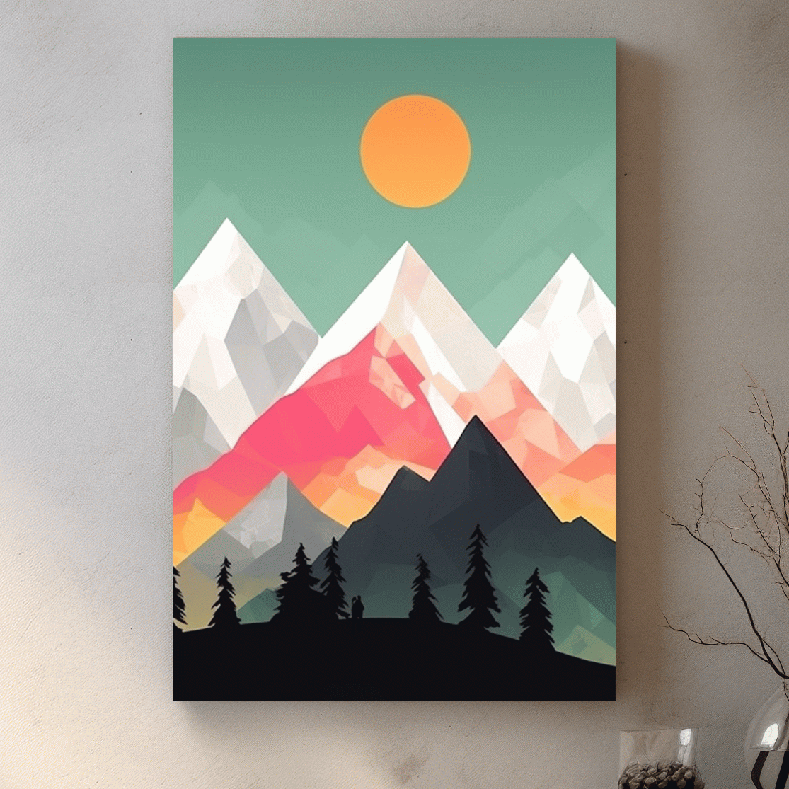 Simple flat colour 2d mountain art, colourful mountain ranges
