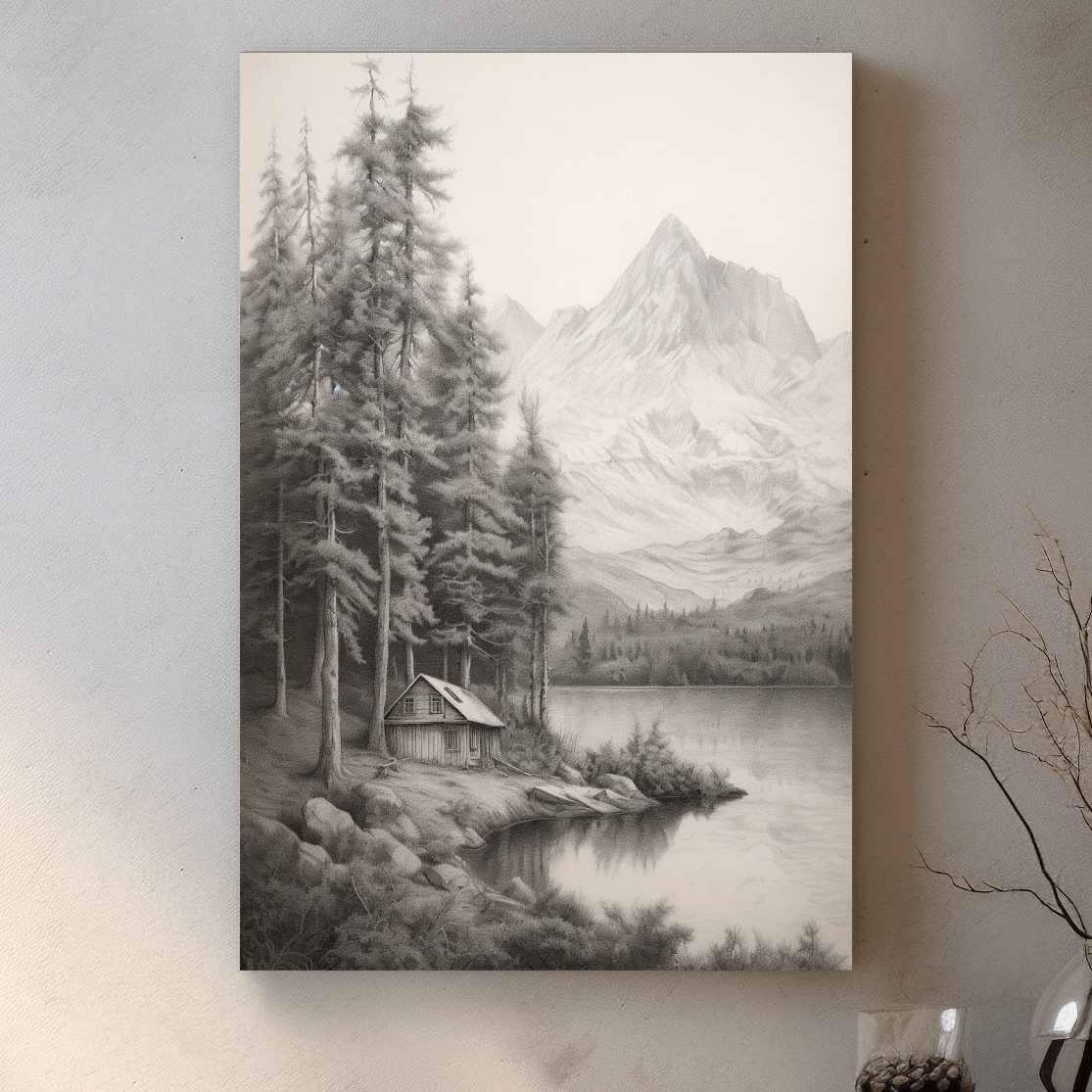 Lead pencil drawing of a cabin by an alpine lake