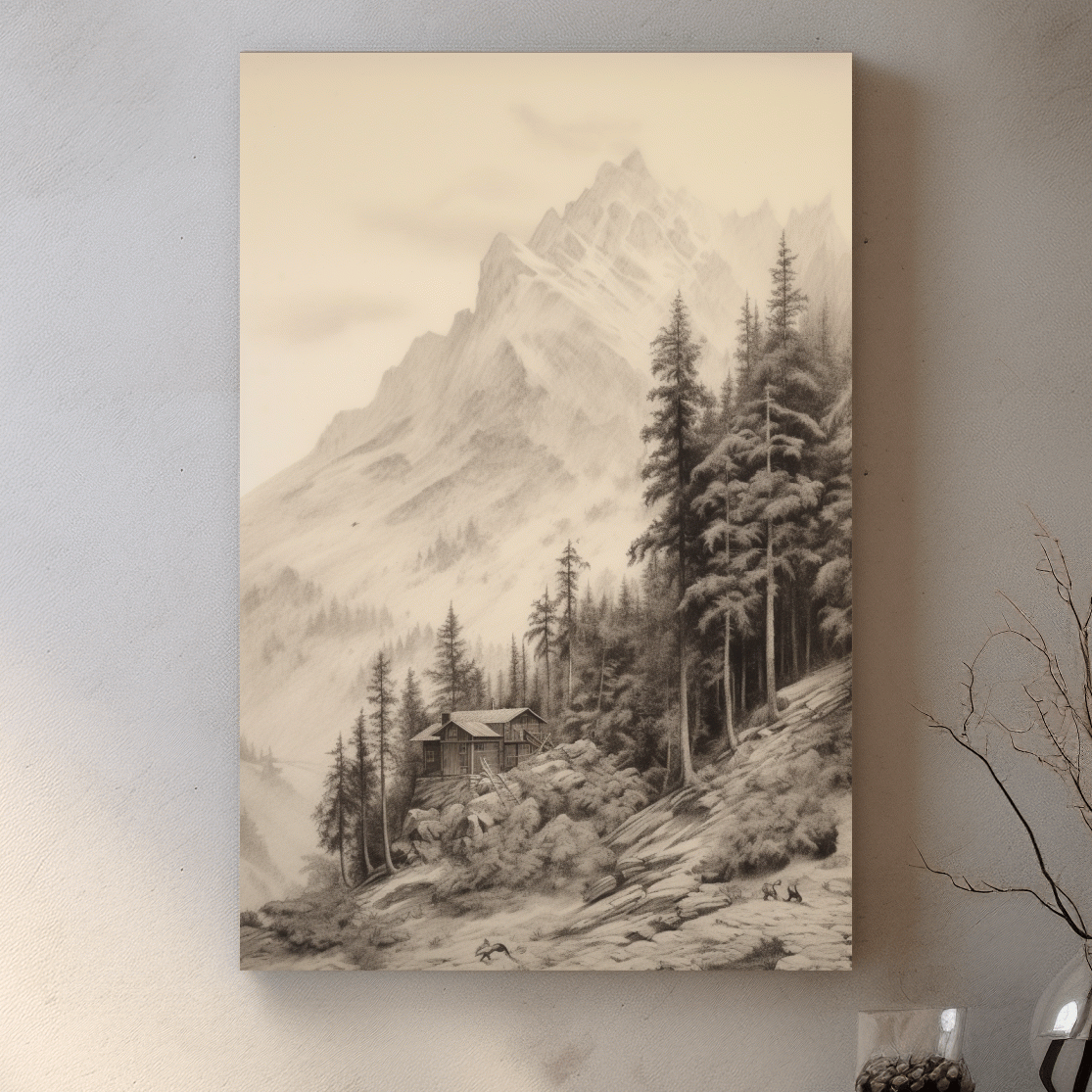 Lead pencil drawing of a cabin by a glacier