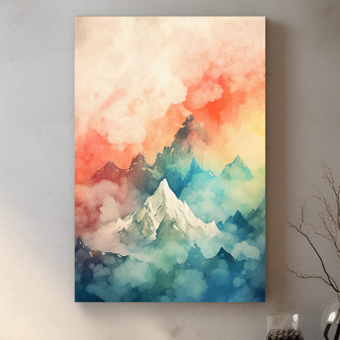 Colourful watercolour painting of a mountain landscape