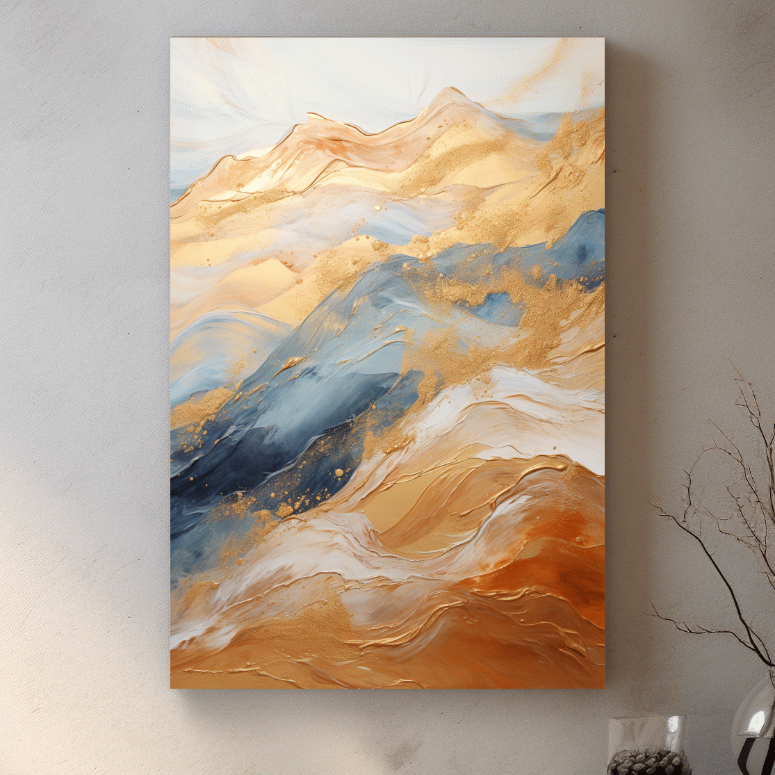 Abstract Gold And Blue Mountain Landscape - Modern Fluid Marble Wall Art