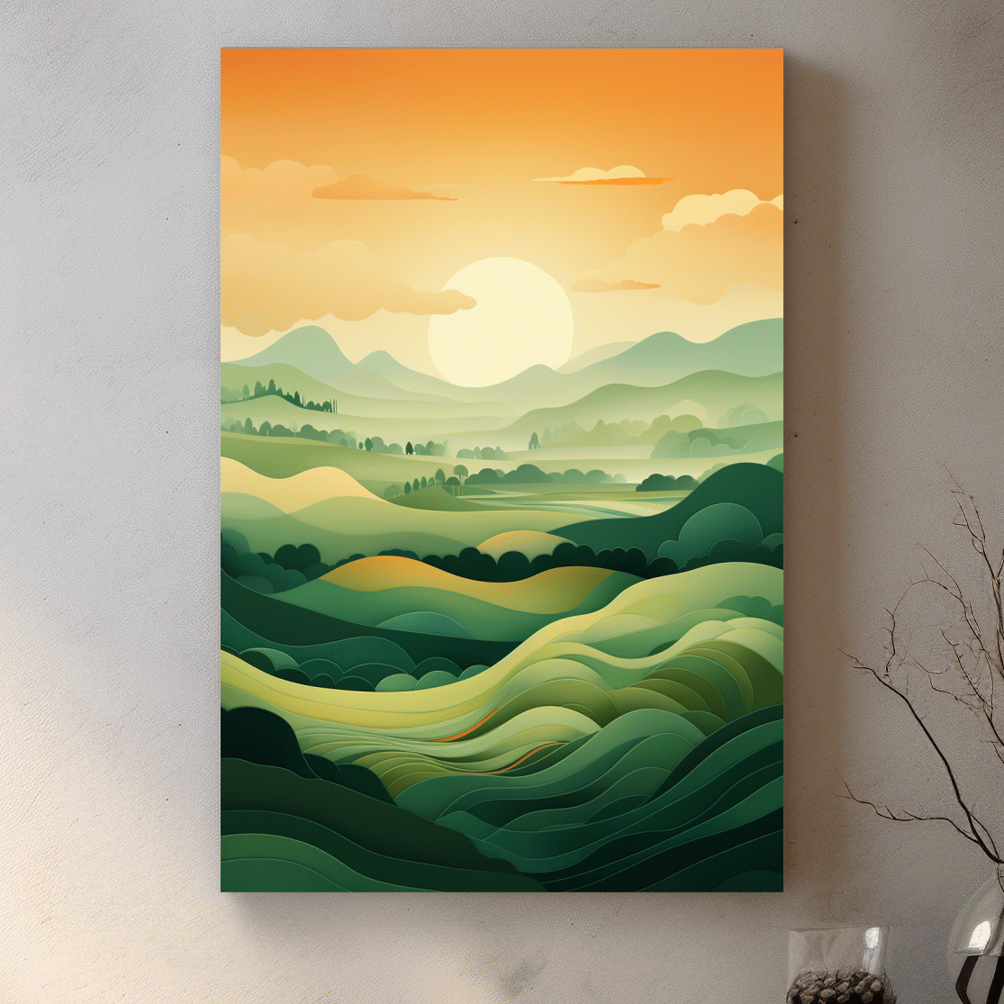 Illustration of rolling green hills at sunset