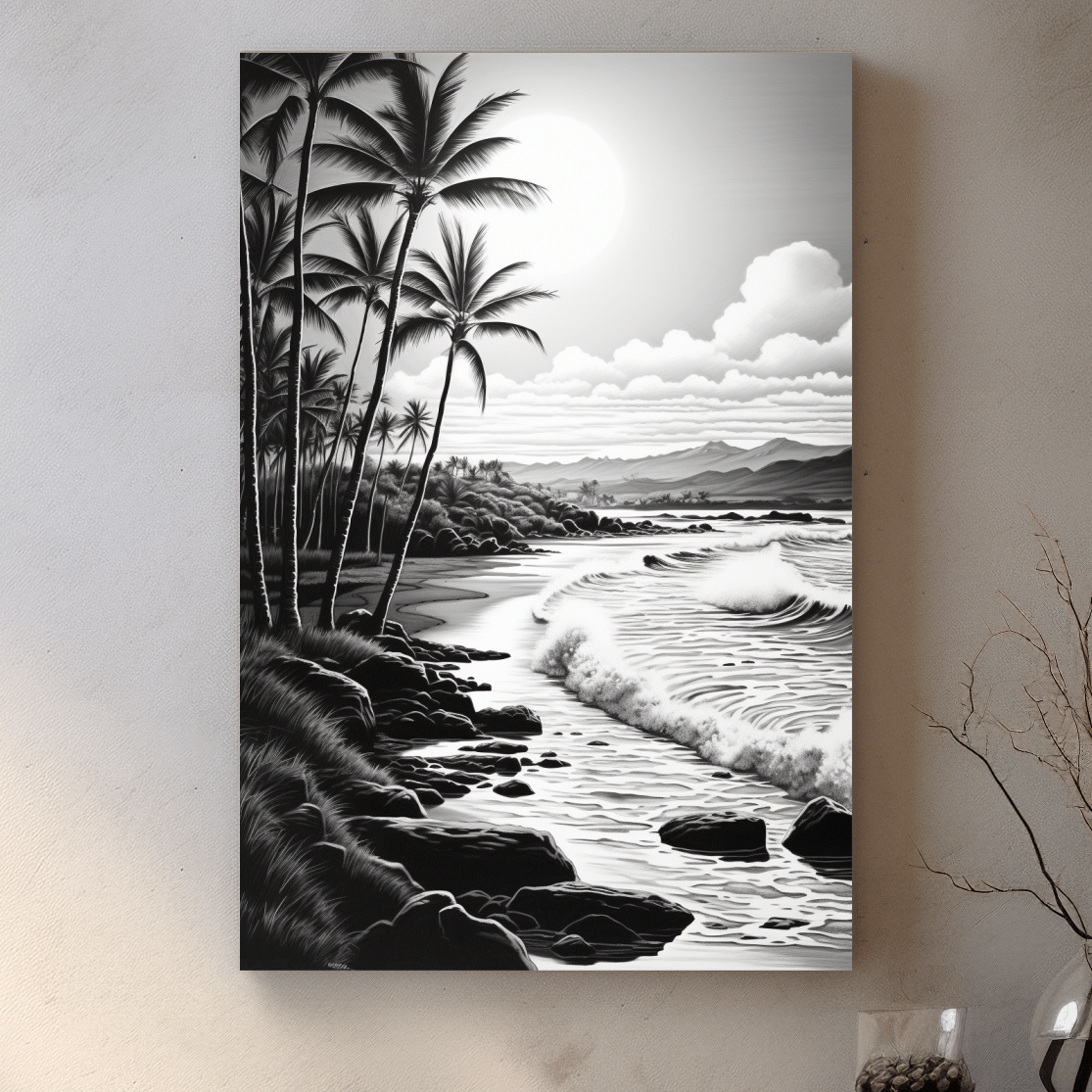 Black and white drawing of a tropical beach mountain scene