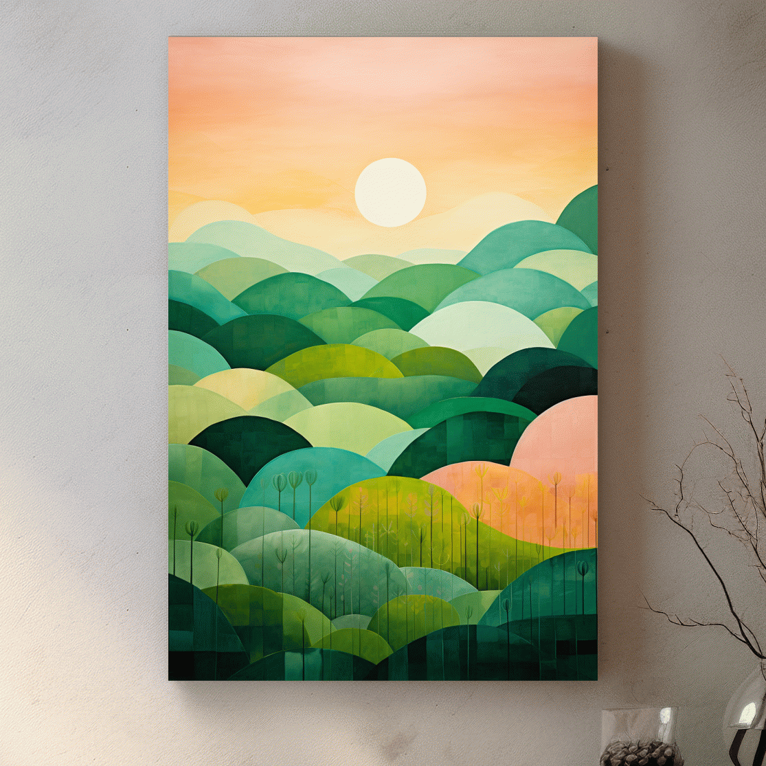 Rolling green abstract hills at sunset