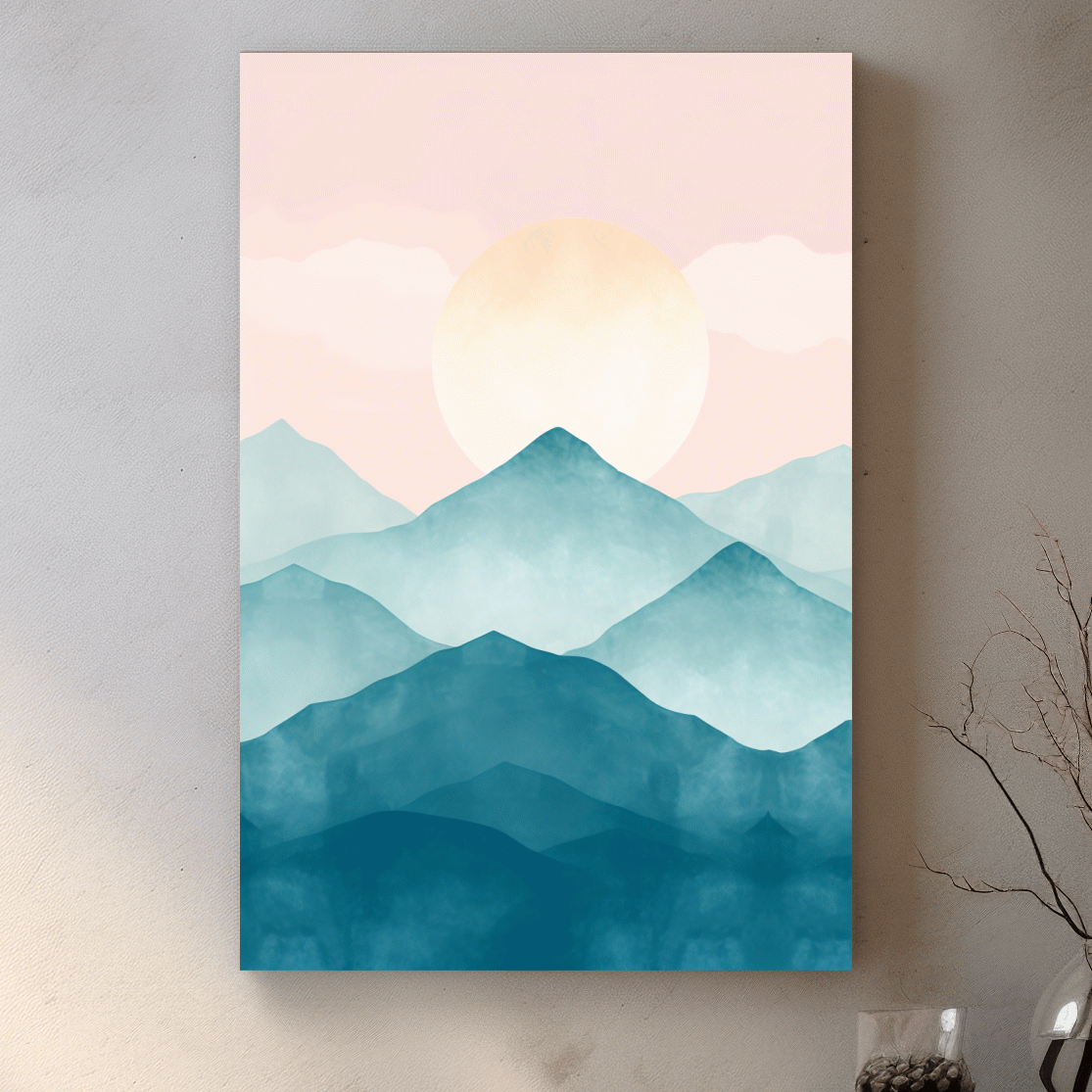 Soft pastel mountain landscape painting, pastel colored wall art