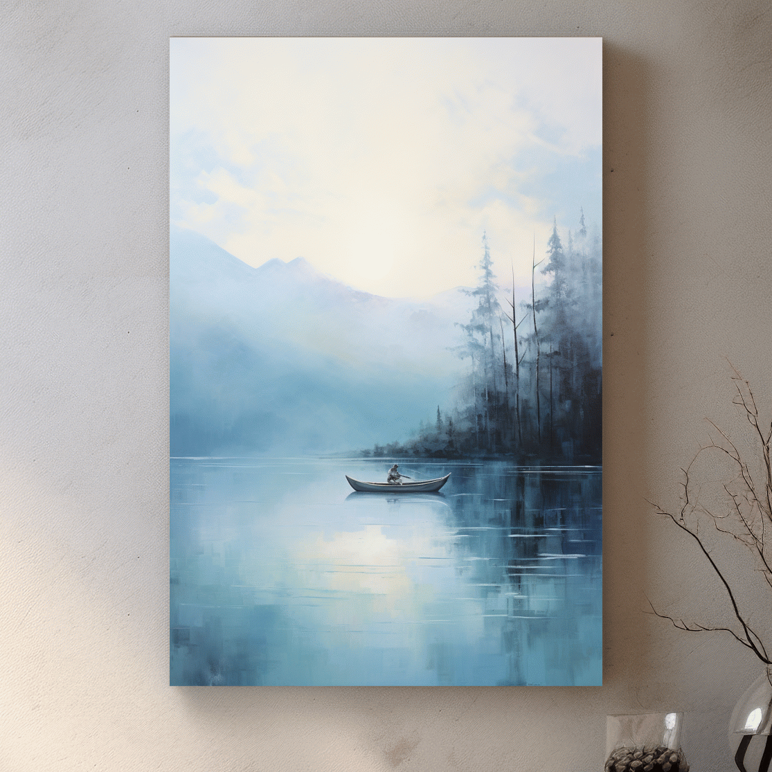 Painting of a fisherman on a torquoise lake