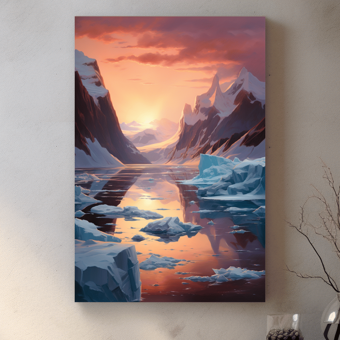 Beautiful surreal painting, sunset over the antarctic ice