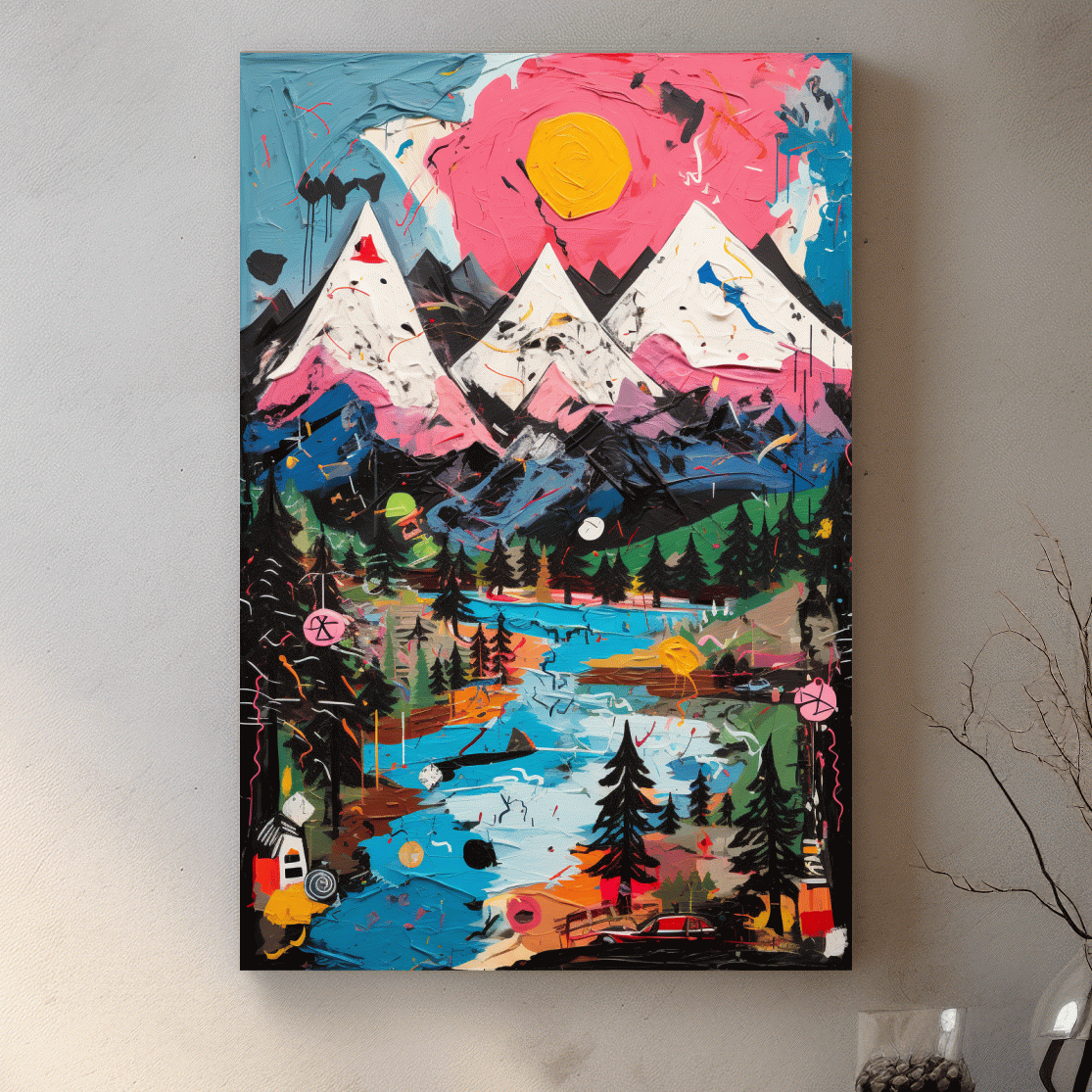 Vibrant Abstract Mountain Lake Sunset Painting - Colorful Modern Landscape Wall Art