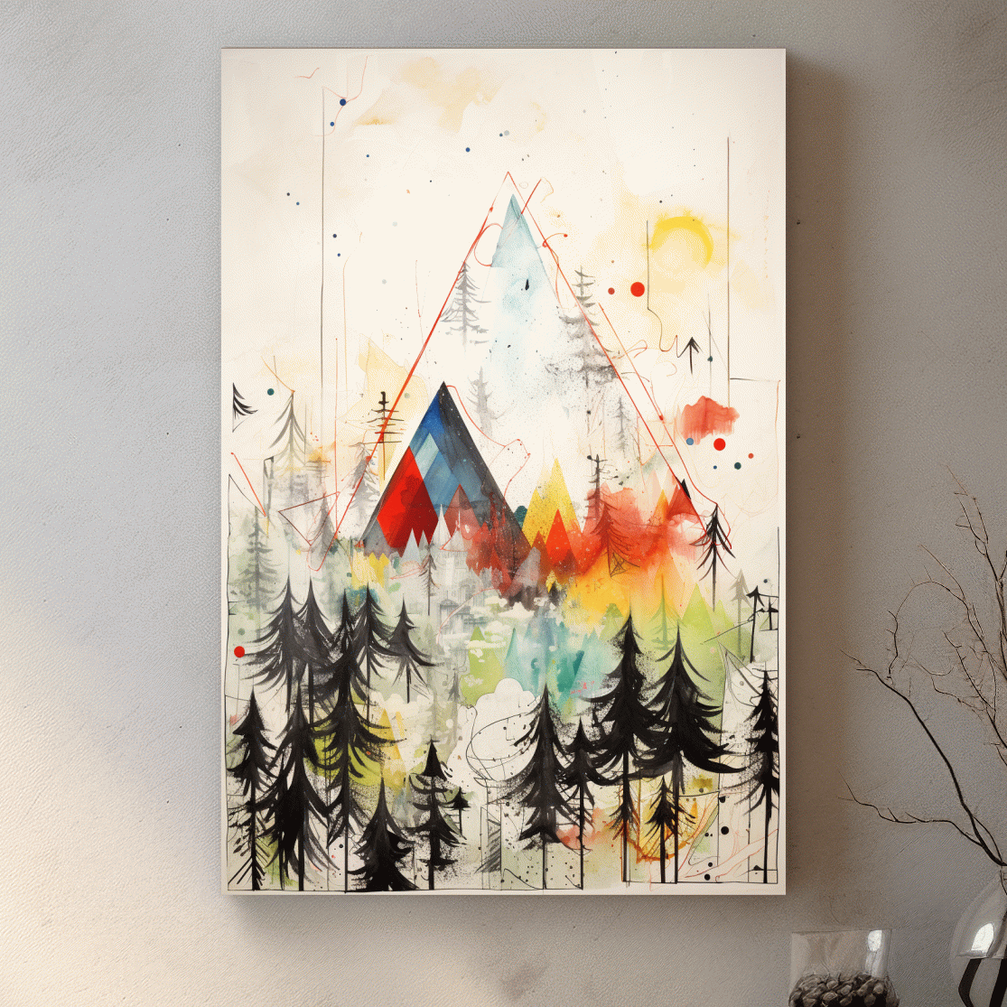 Simple low colour abstract painting, mountains and trees